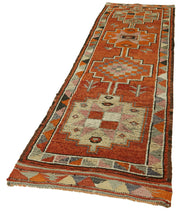 Handmade Vintage Area Rug - Turkish Orange Wool Cotton Blend Carpet 2'10" x 11'7"