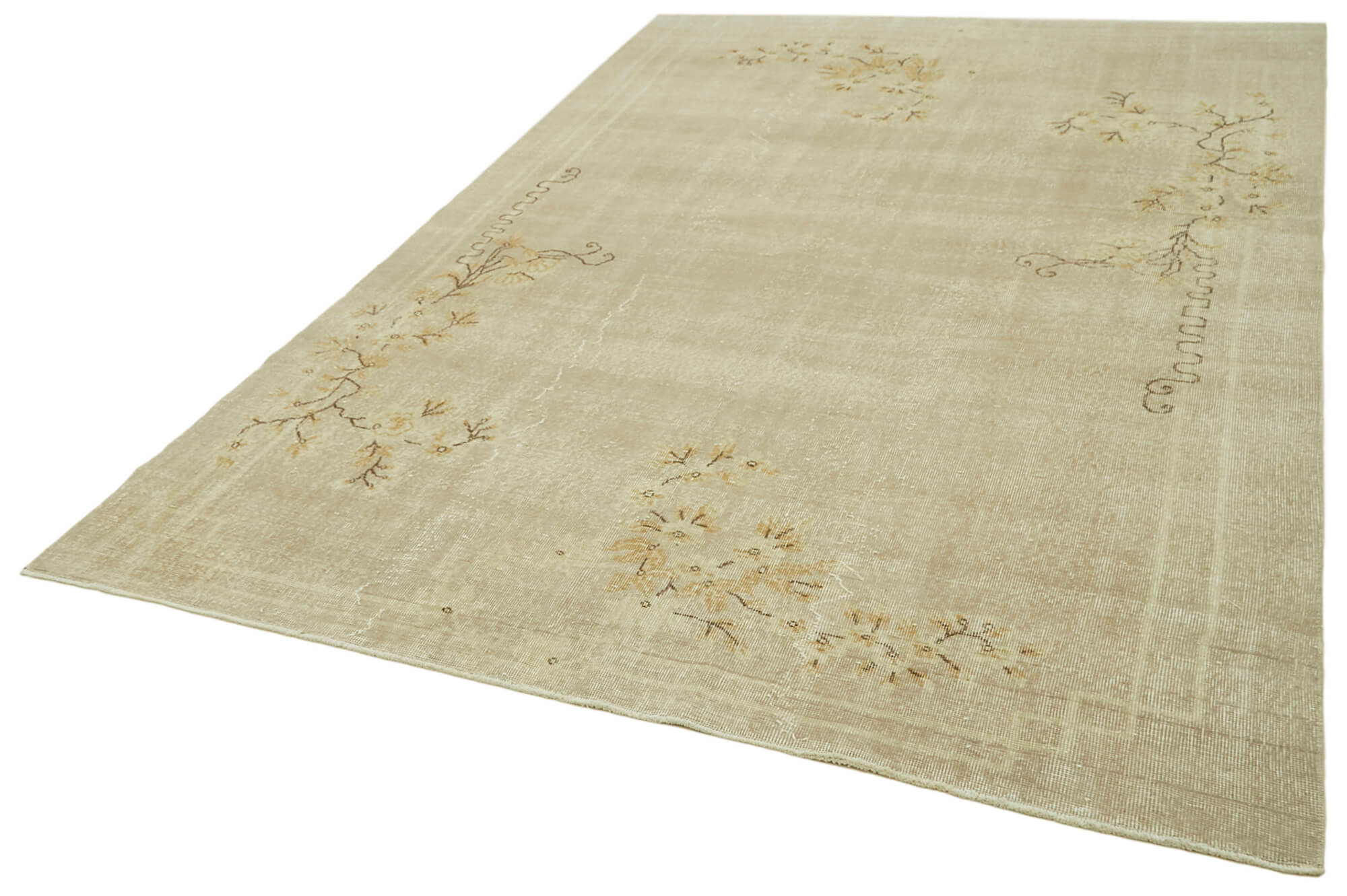 Handmade Area Rug - Vintage Beige Wool Cotton Carpet 6'8" x 10'0" Durable Classic