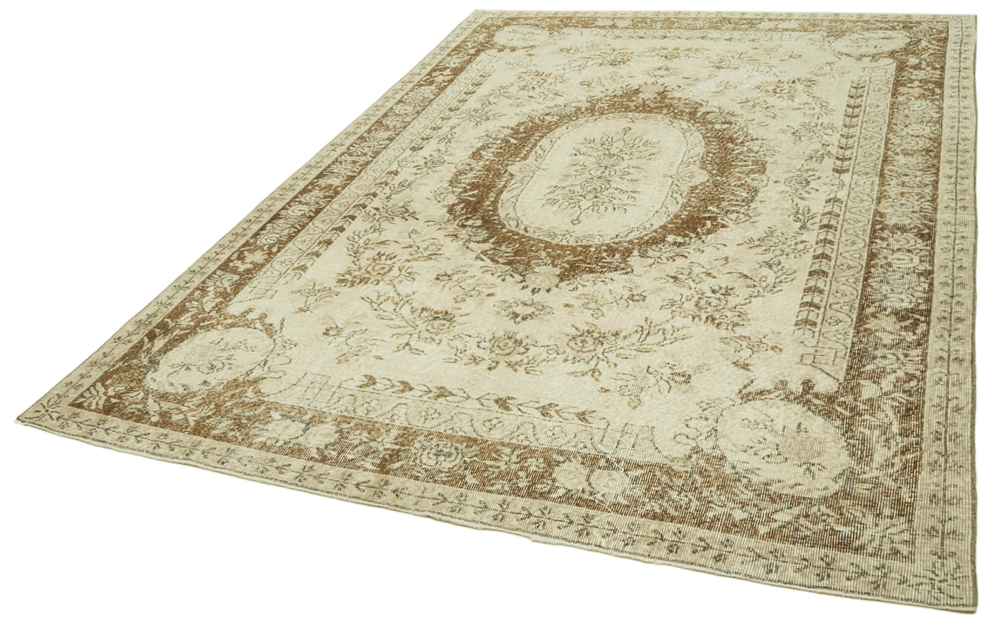 Handmade Vintage Area Rug – Beige Cotton Wool Carpet, Turkish Hand Knotted Classic