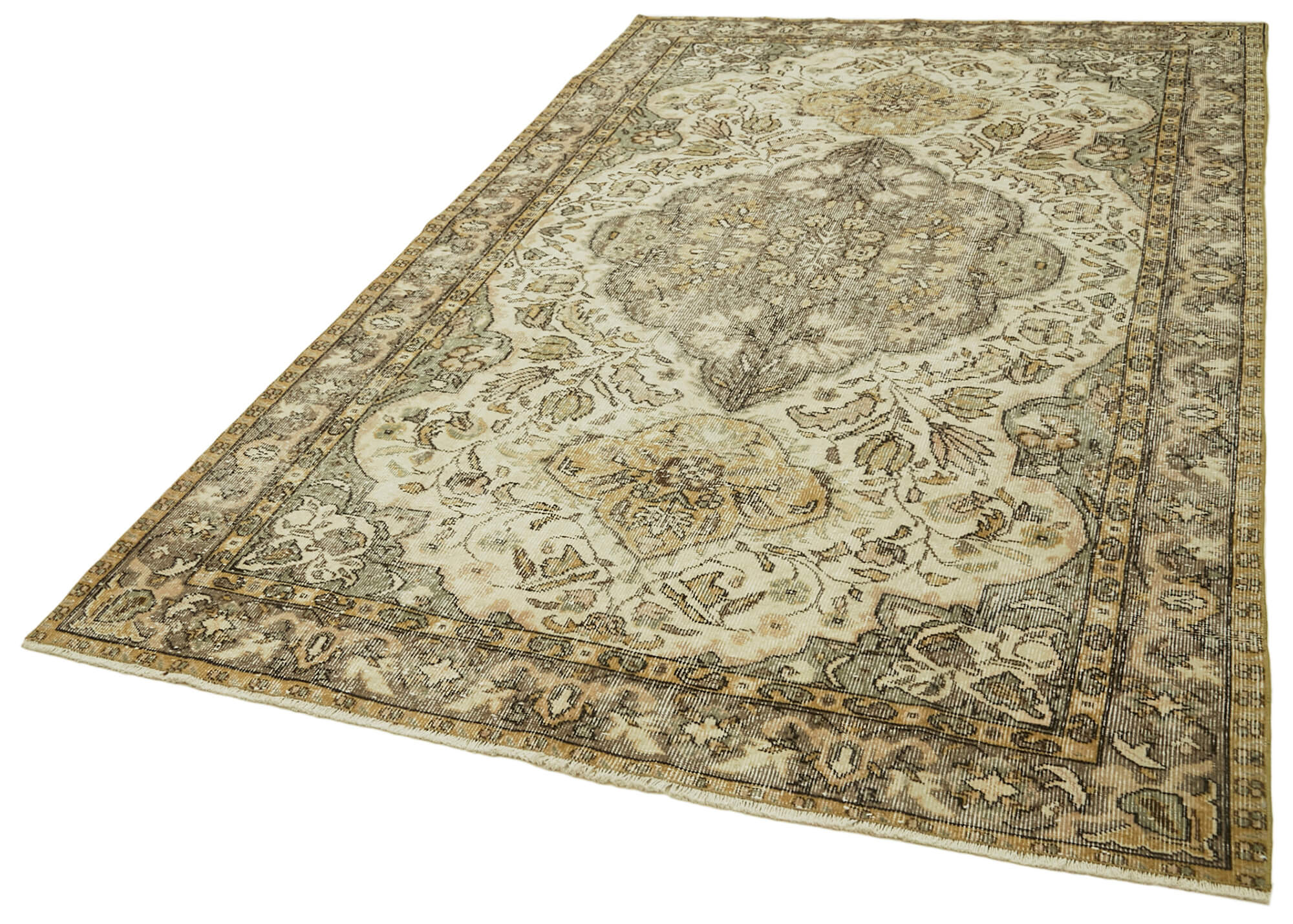 Handmade Vintage Area Rug – Beige Cotton Wool Rug 5'8'' x 9'4'' | Turkish Hand Knotted