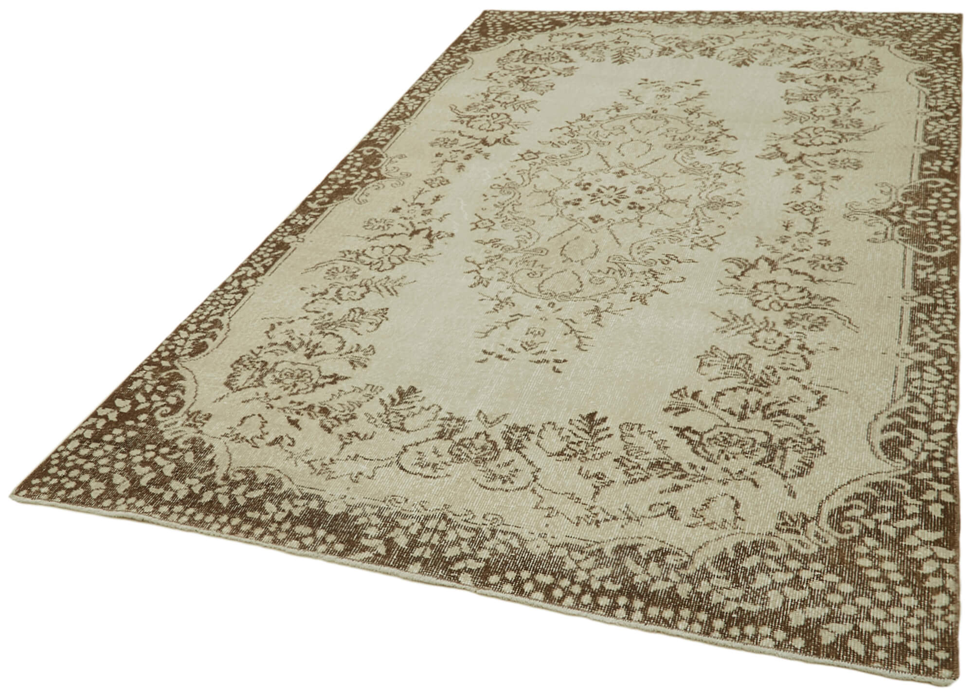 Handmade Vintage Area Rug – Beige Wool Carpet, Turkish Hand Knotted Cotton Weave 5'5''x9'5''