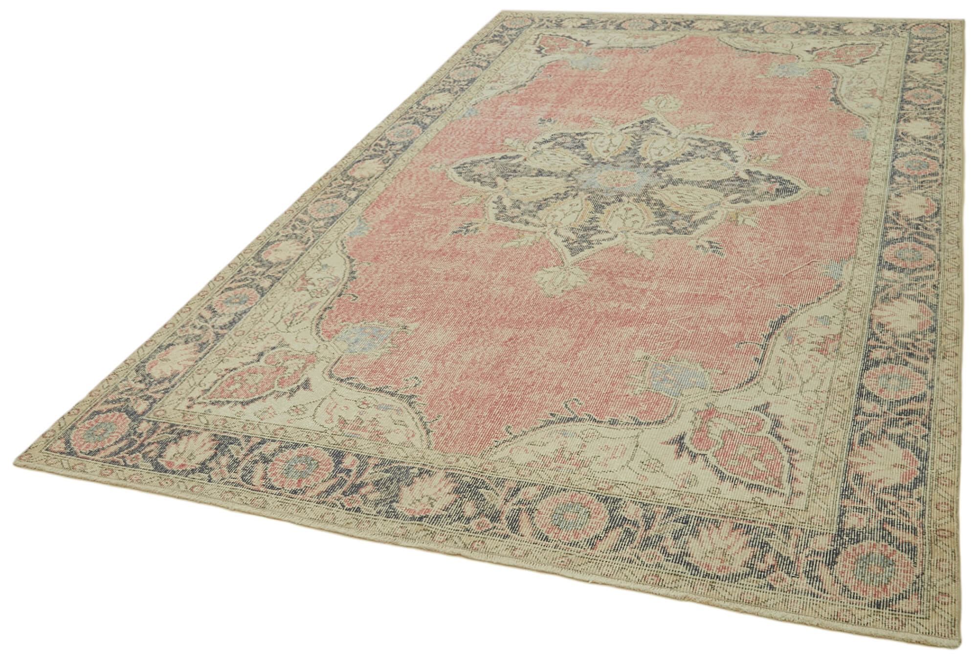 Handmade Wool Area Rug - Vintage Cotton Rug 6'1''x10'1'' Beige Traditional Carpet