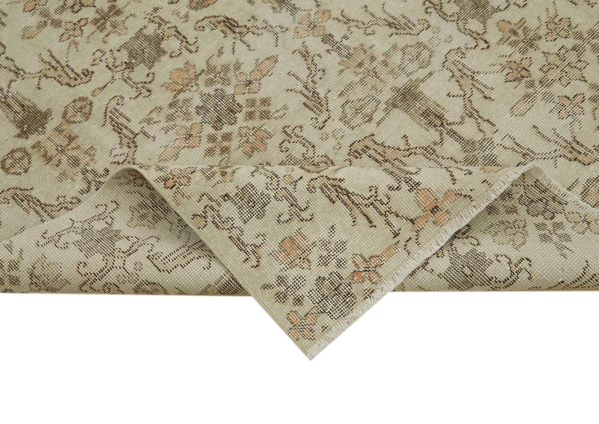 Handmade Wool Area Rug - Vintage Cotton Rug 5x9 | Beige Wool Carpet, Hand Knotted Design