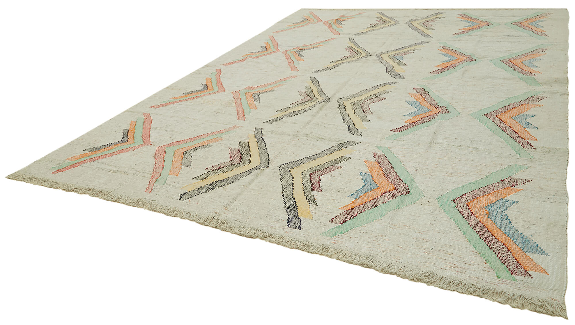 Handmade Area Rug - Beige Geometric Cotton Wool Vintage Turkish Carpet 9'10''x12'11''