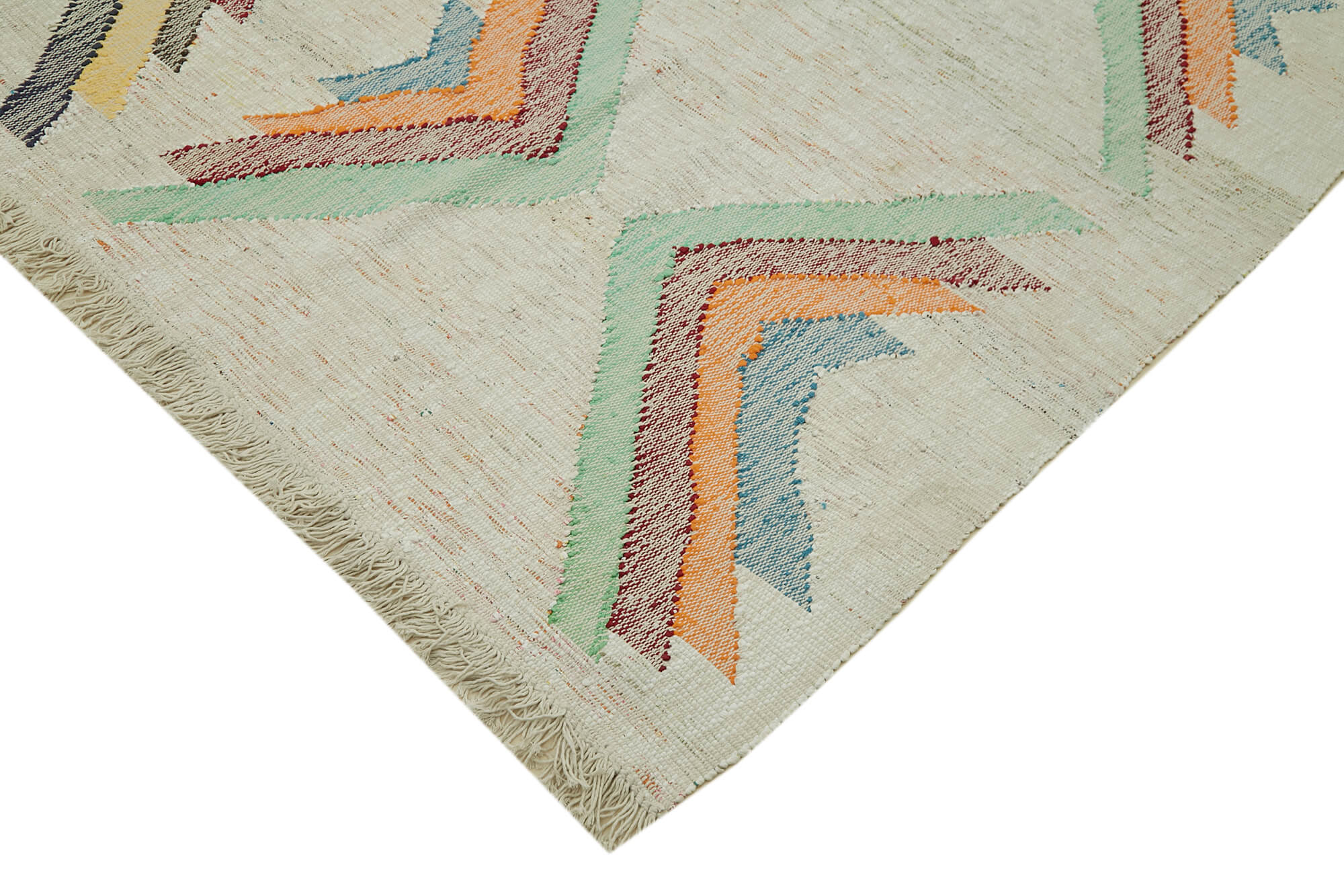 Handmade Area Rug - Beige Geometric Cotton Wool Vintage Turkish Carpet 9'10''x12'11''