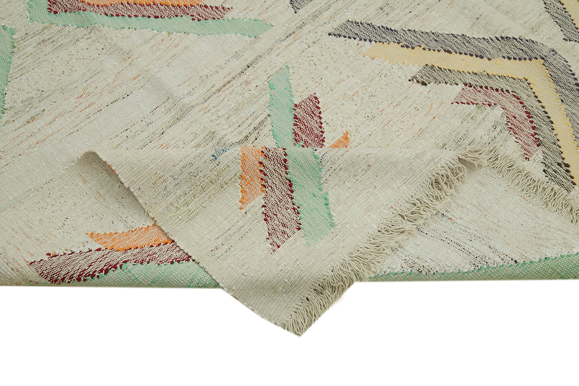 Handmade Area Rug - Beige Geometric Cotton Wool Vintage Turkish Carpet 9'10''x12'11''