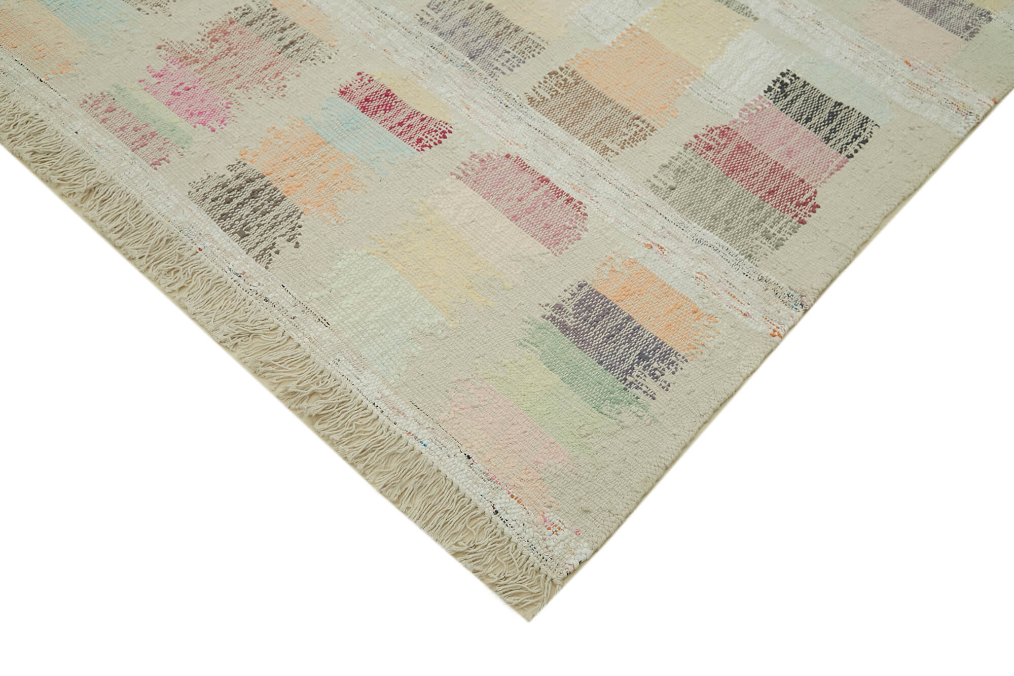 Handmade Area Rug - Beige Geometric Cotton Wool Vintage Handwoven Carpet 9'1'' x 11'11''