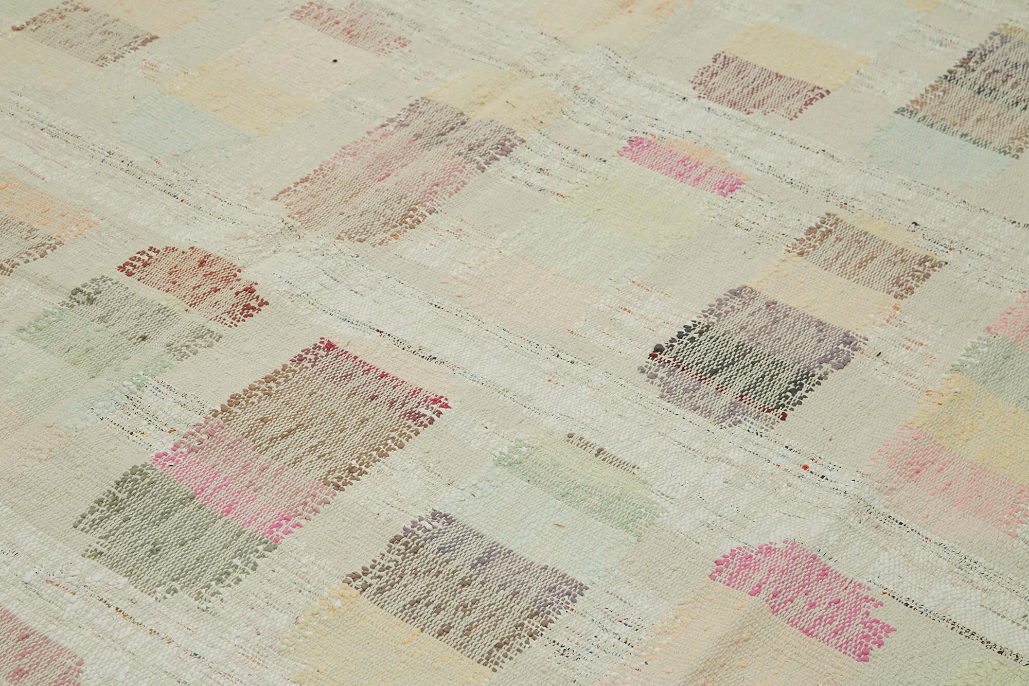 Handmade Area Rug - Beige Geometric Cotton Wool Vintage Handwoven Carpet 9'1'' x 11'11''
