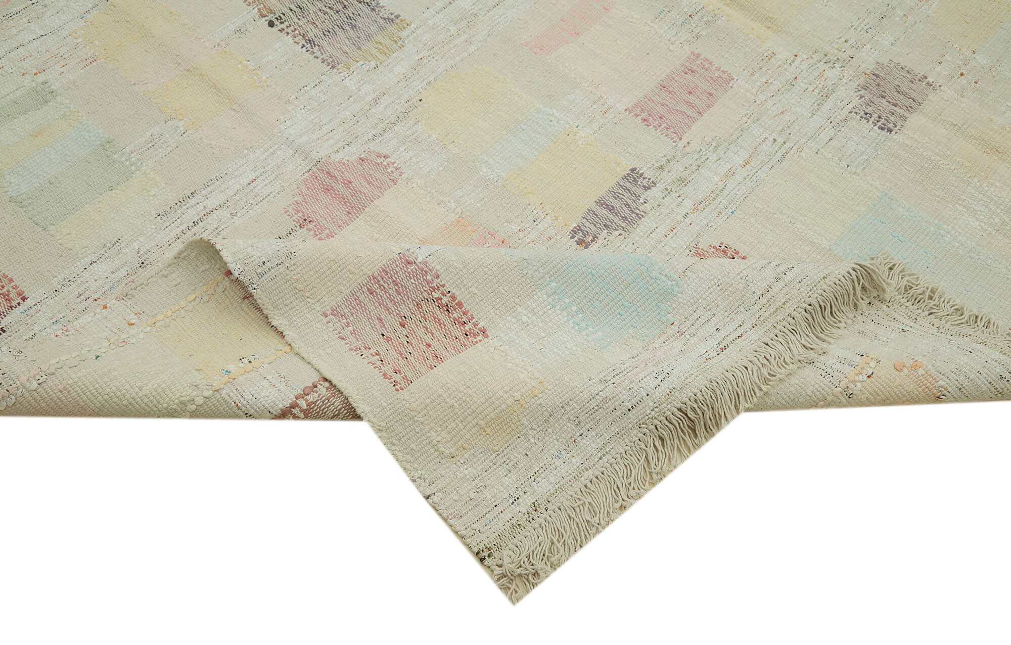 Handmade Area Rug - Beige Geometric Cotton Wool Vintage Handwoven Carpet 9'1'' x 11'11''