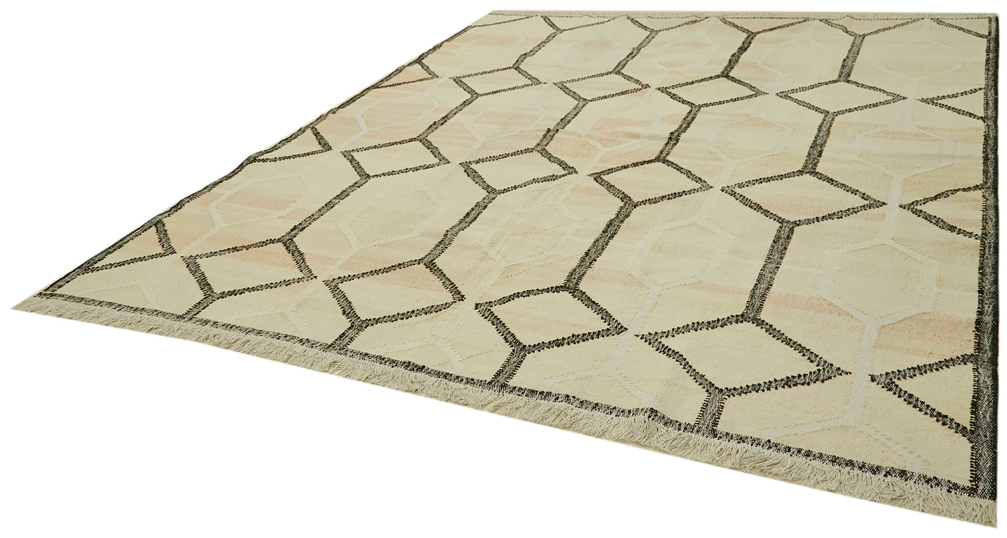 Handmade Wool Area Rug – Beige Geometric Cotton Vintage Turkish Carpet 9'3''x10'6''