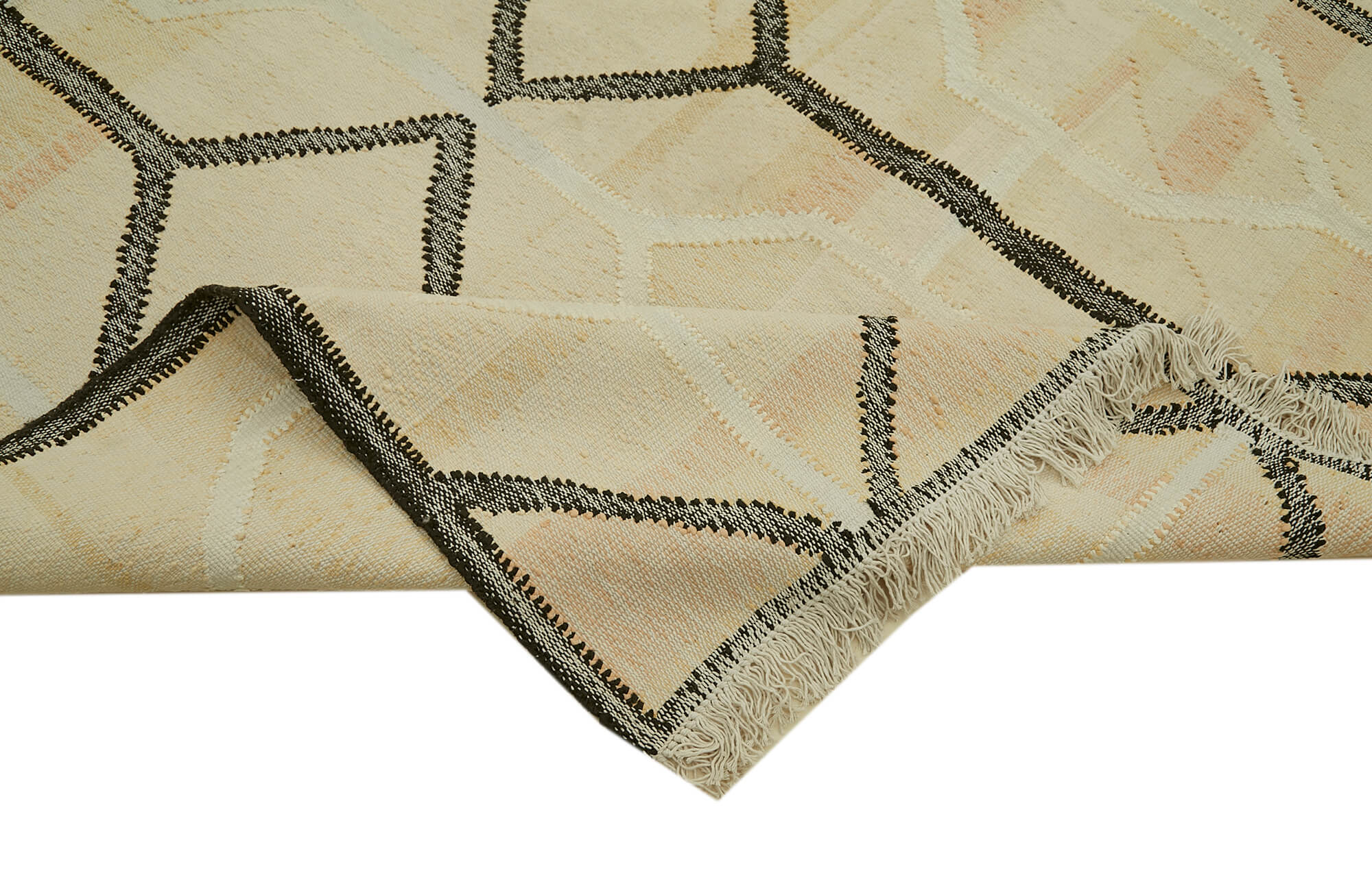 Handmade Wool Area Rug – Beige Geometric Cotton Vintage Turkish Carpet 9'3''x10'6''