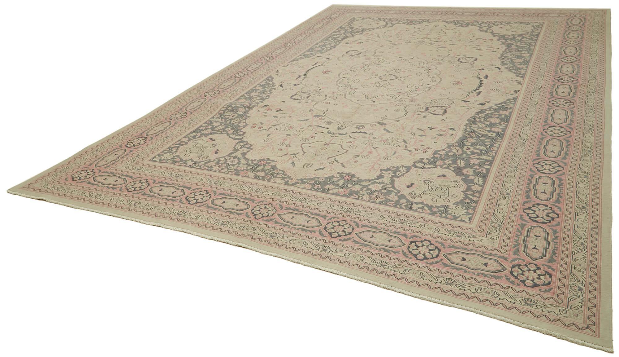 Handmade Wool Cotton Rug – Classic Beige Carpet | Large 9'5'' x 13'5'' Vintage Area Rug
