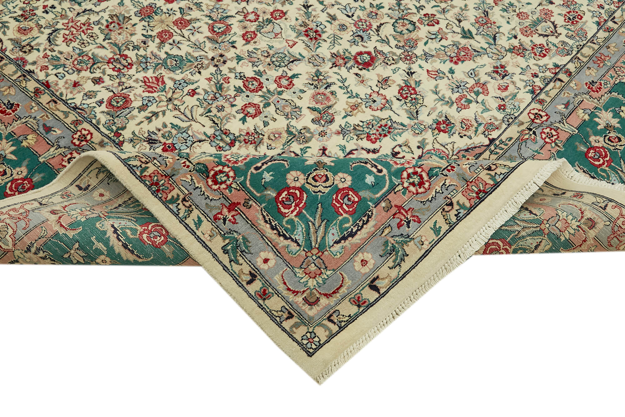 Handmade Wool Cotton Rug – Tebriz Beige Classic Style, 9'1'' x 12'1'' Durable Woven Carpet
