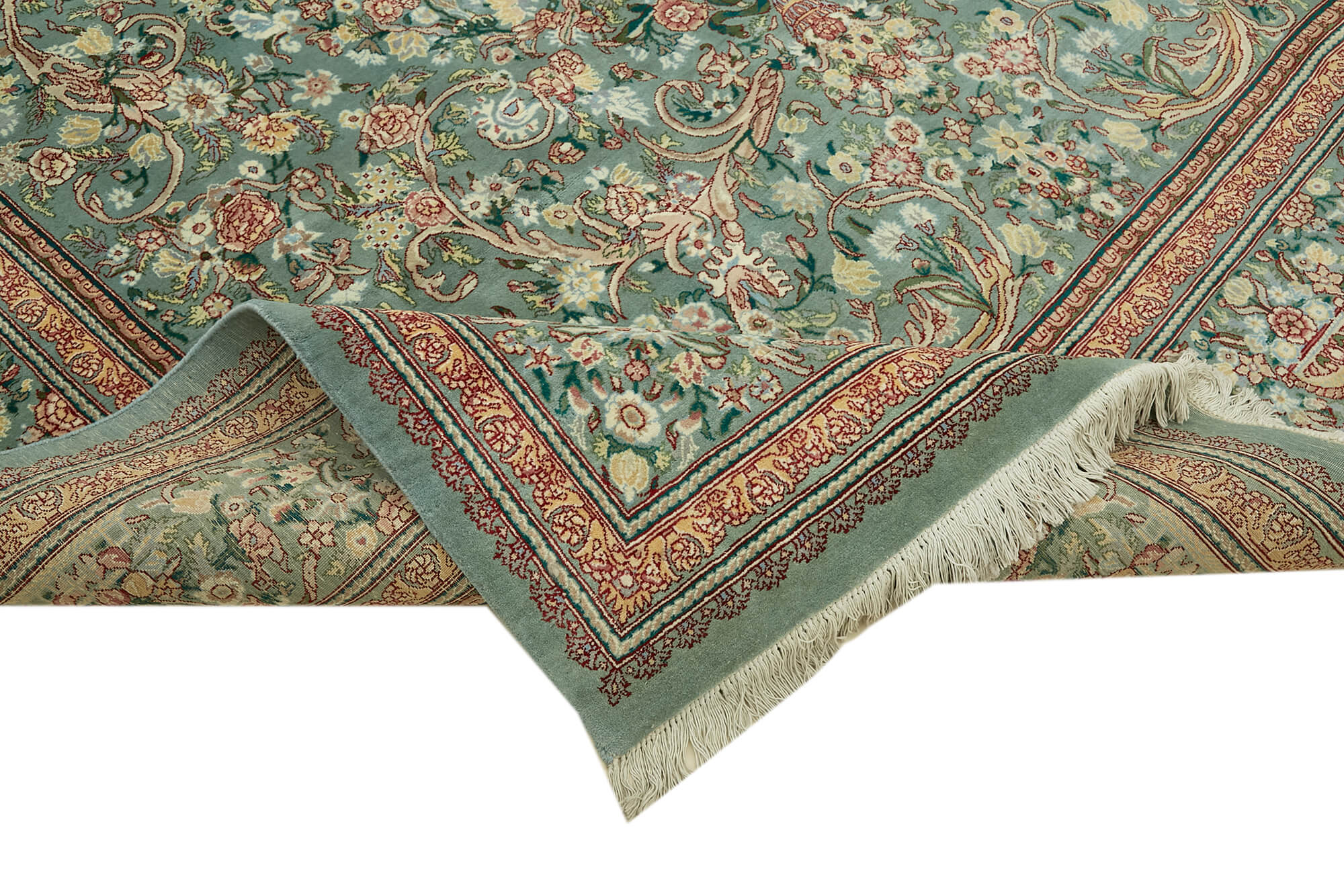 Handmade Wool Cotton Rug - Tebriz Green Classic 9'1''x12'2'' Hand Woven Turkish Area Rug