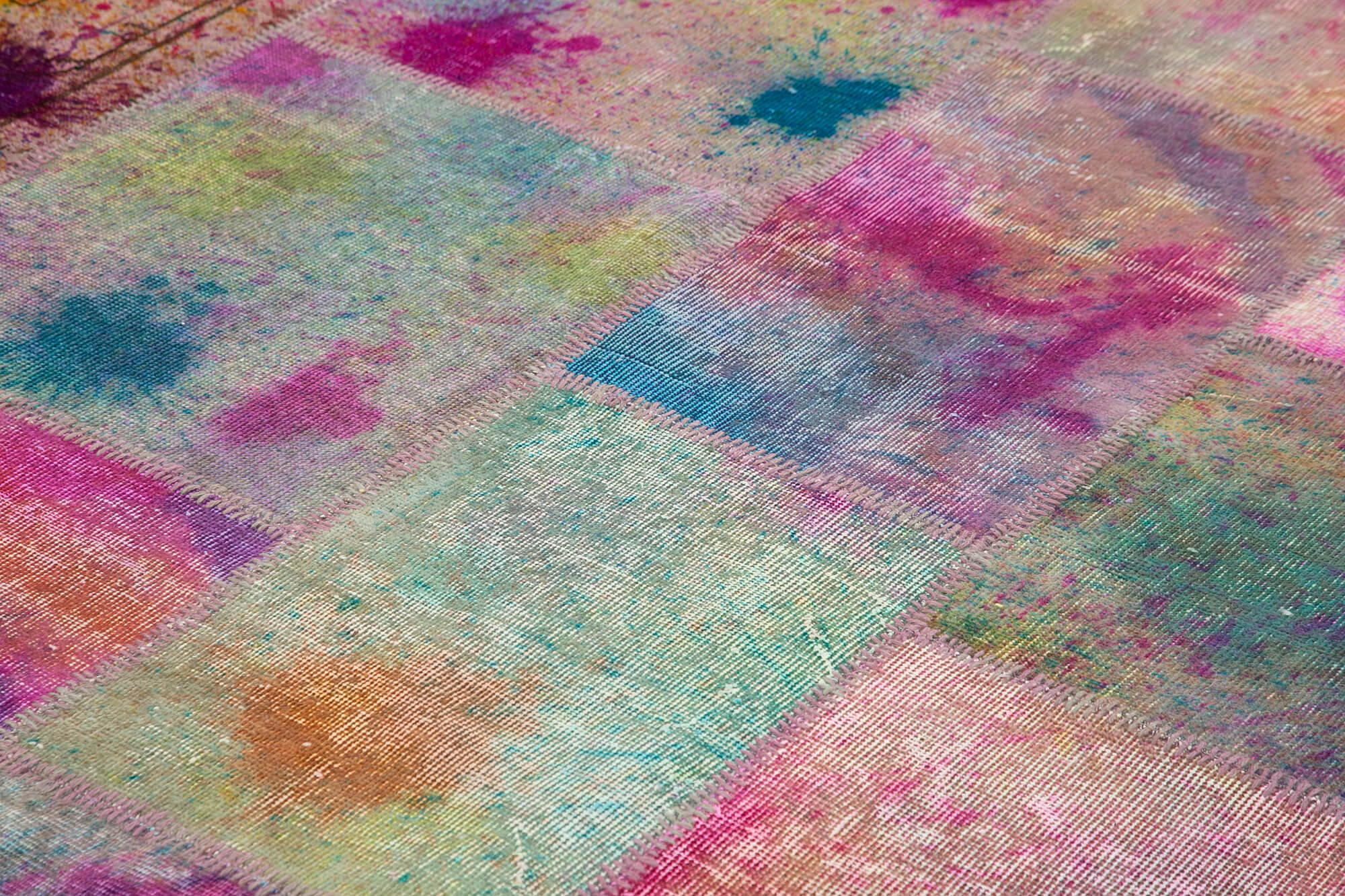 Handmade Area Rug – Pink Patchwork Cotton Wool Vintage Hand Woven Carpet 10'1" x 13'3"