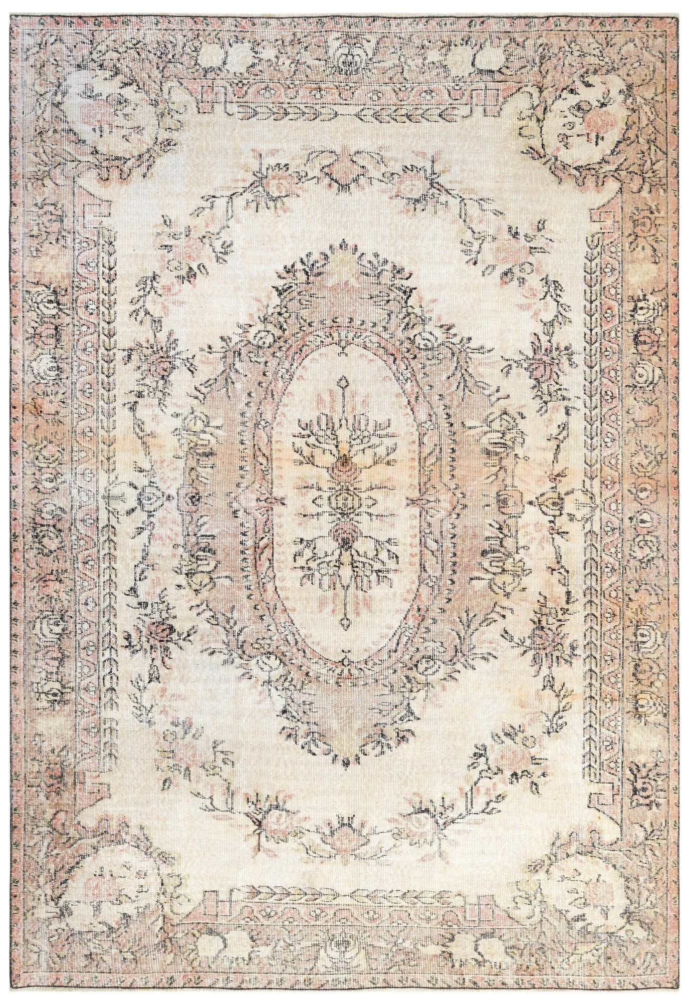 Handmade Wool Rug - Vintage Cream Medallion 6x9 Feet Area Carpet