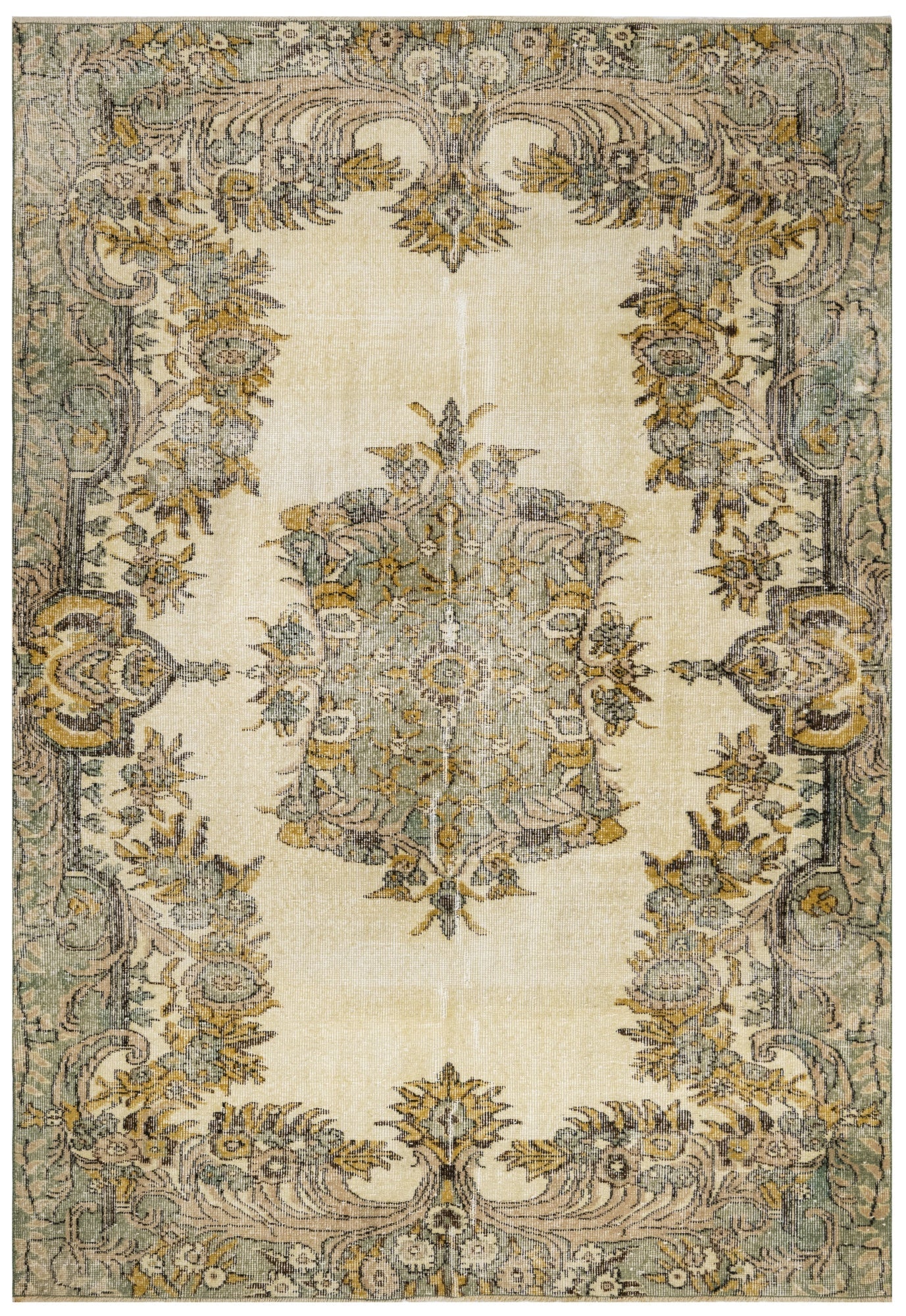 Handmade Wool Rug - Vintage Green Medallion Carpet | Boho Style Floor Covering 5'1" x 8'8"