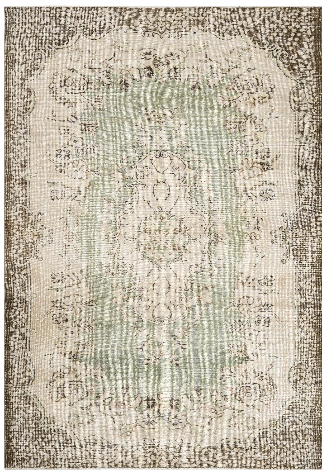 Handmade Wool Rug Vintage Green Medallion Carpet 6'7" x 9'10" - Soft Durable Blend