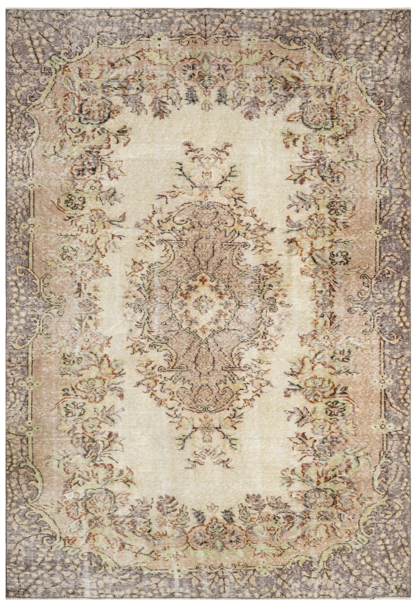 Handmade Wool Cotton Rug – Vintage Beige Medallion Carpet 5'6" x 8'10"