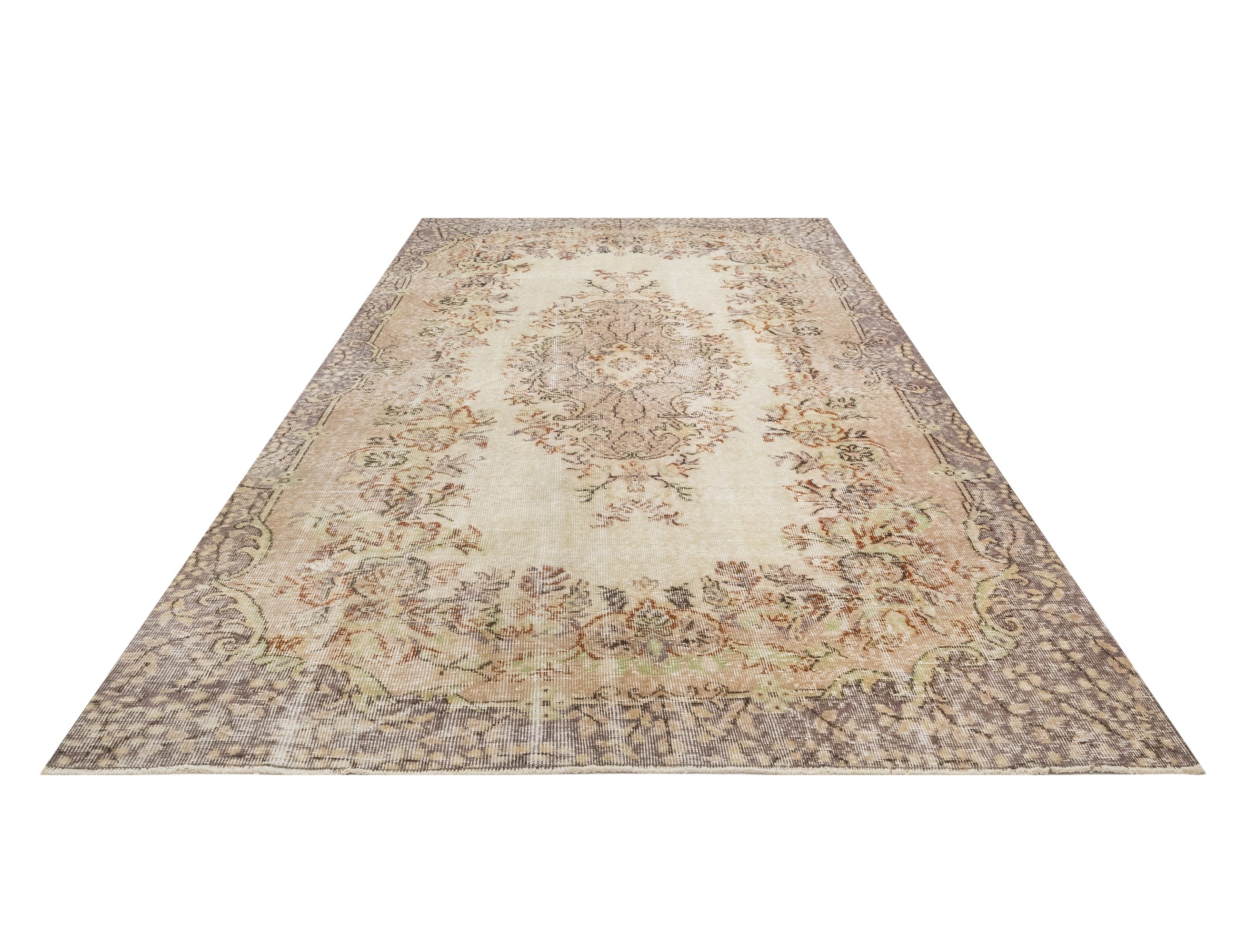 Handmade Wool Cotton Rug – Vintage Beige Medallion Carpet 5'6" x 8'10"