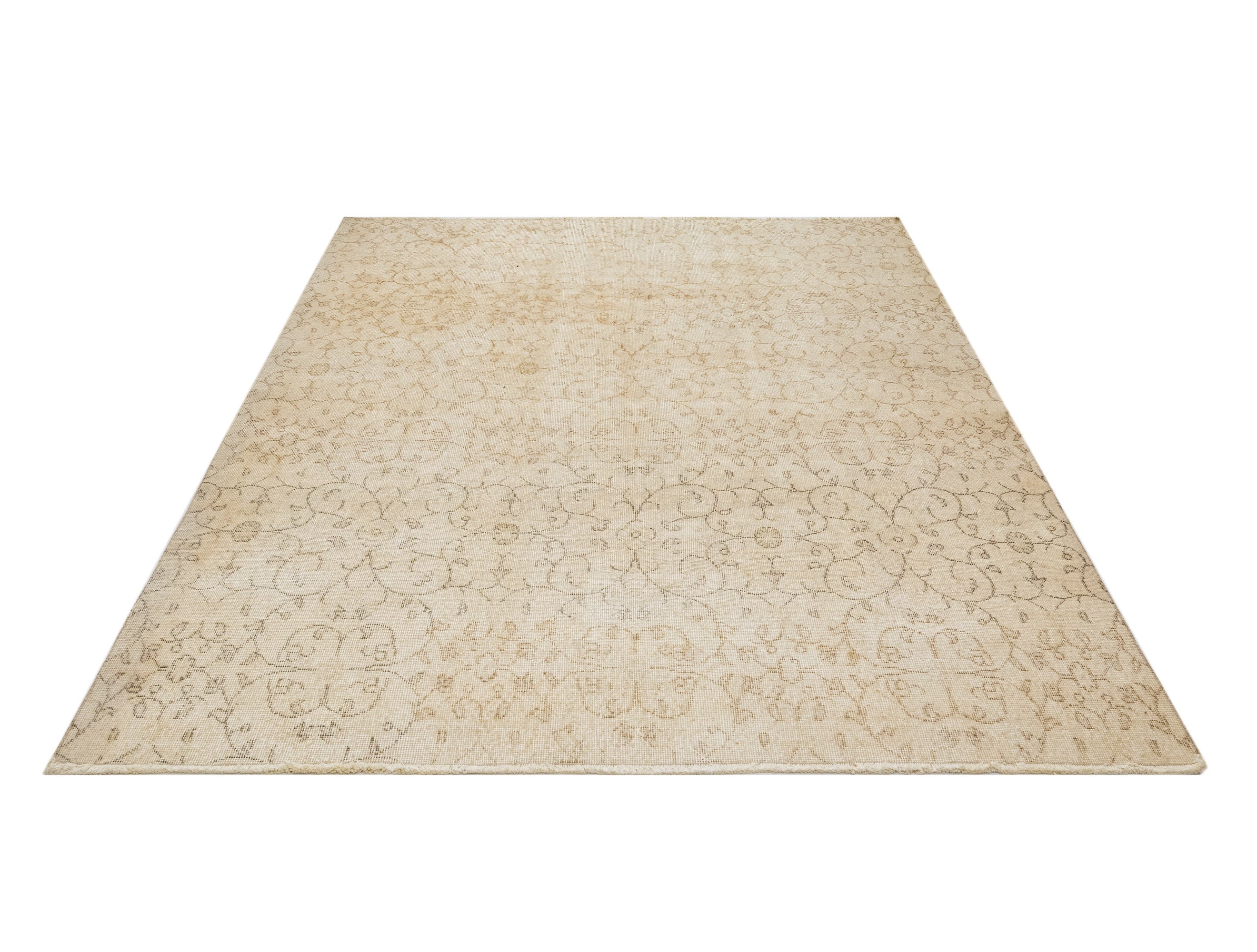 Handmade Wool Rug Vintage Floral Design - Beige Cotton Blend Carpet 5'5" x 9'2"