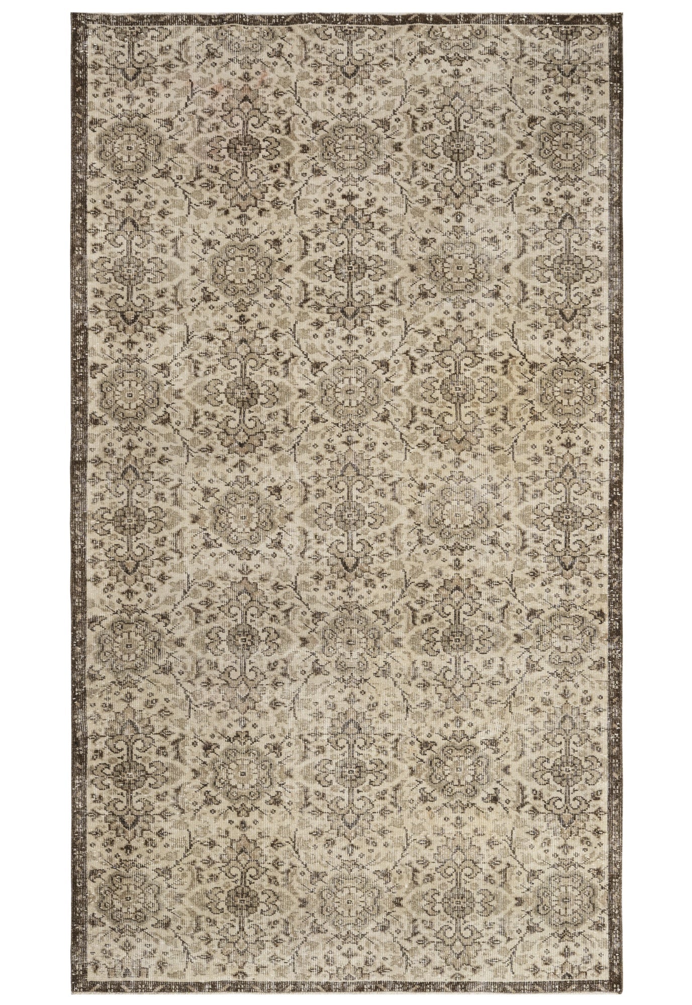 Handmade Wool Rug – Vintage Brown Frame 6x9 Feet Anatolian Woven Carpet