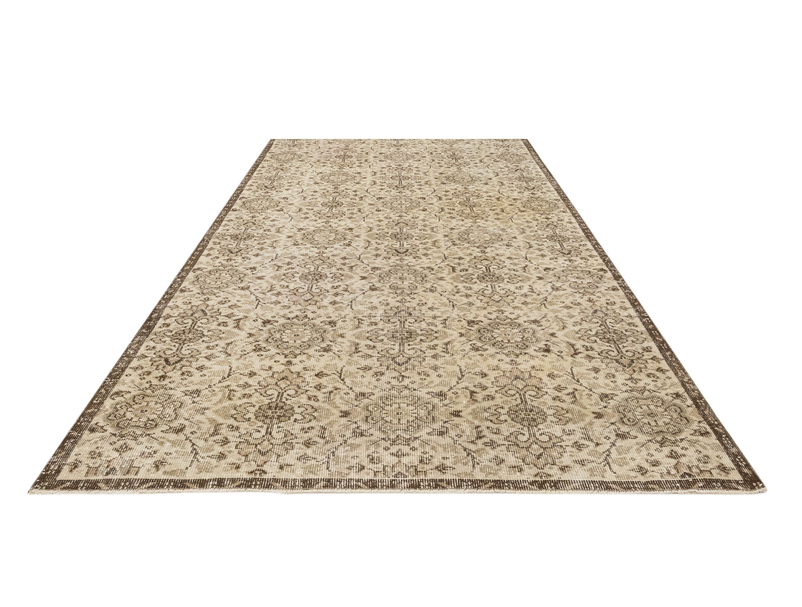 Handmade Wool Rug – Vintage Brown Frame 6x9 Feet Anatolian Woven Carpet