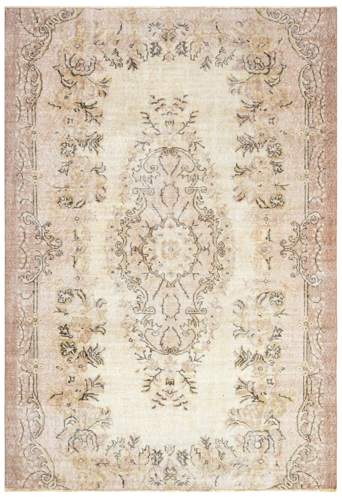 Handmade Wool Cotton Rug – Vintage Cream Medallion Carpet 6'4" x 9'8"