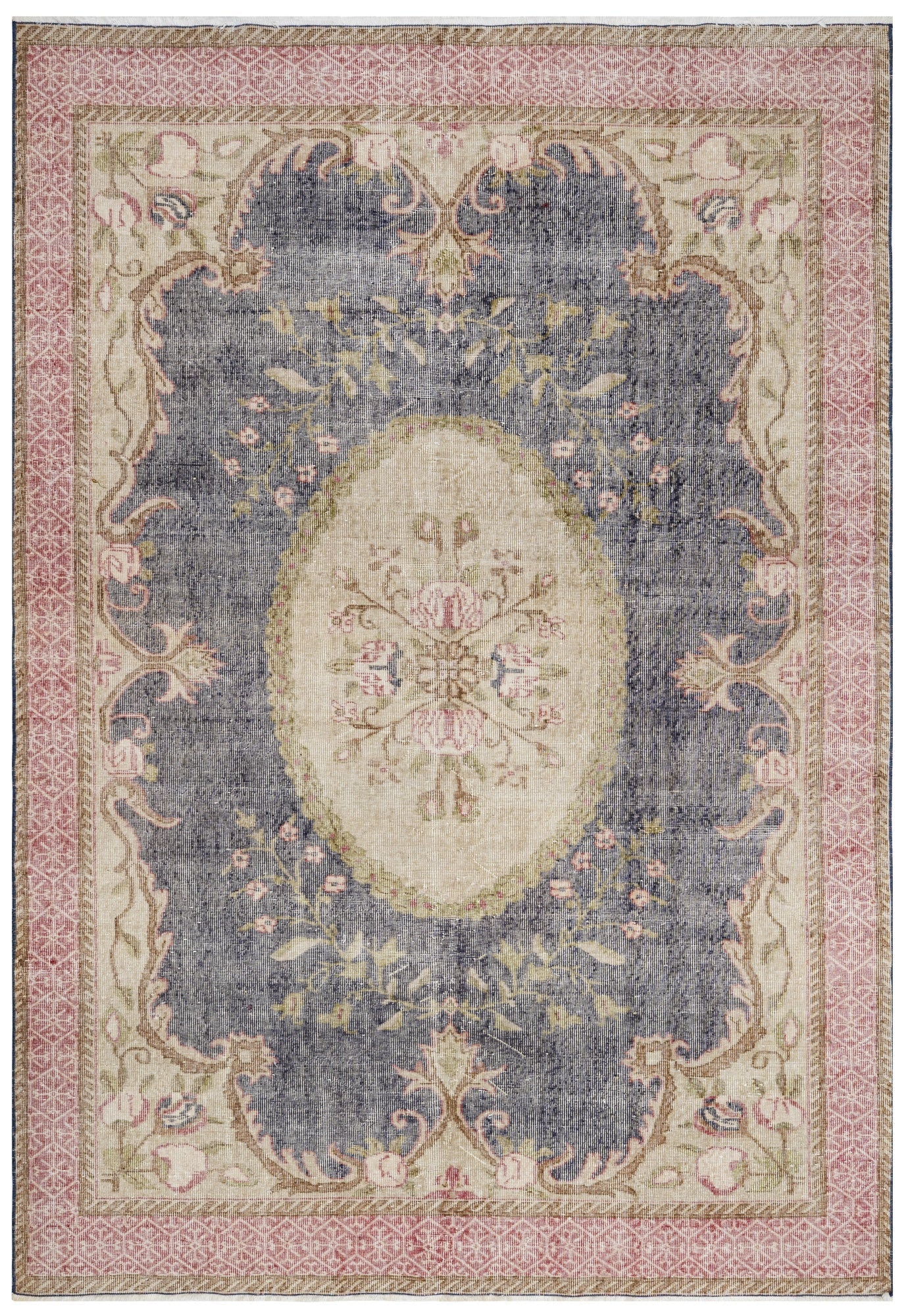 Handmade Wool Rug - Vintage Navy Medallion Pattern 6'9" x 9'7" Cotton Carpet