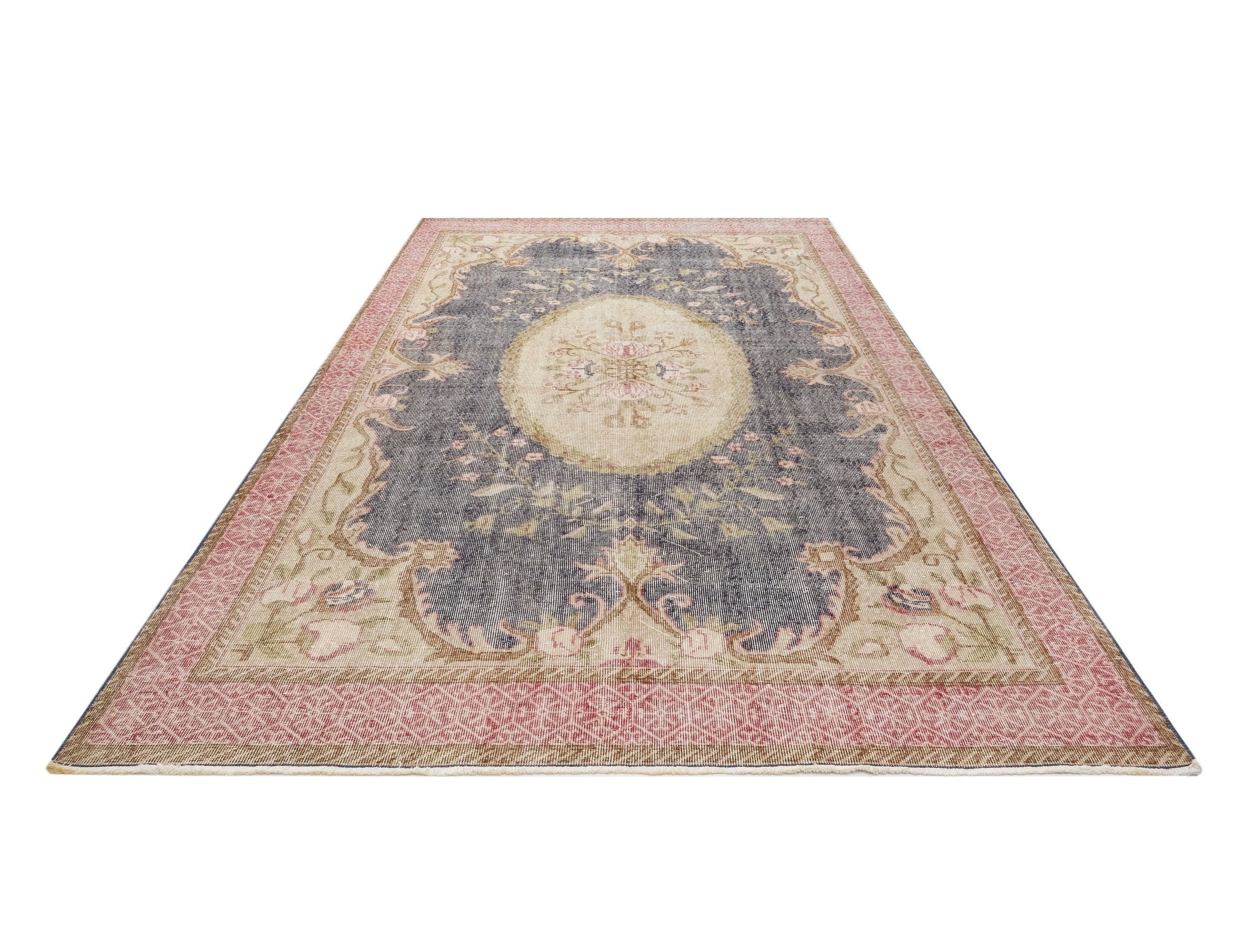 Handmade Wool Rug - Vintage Navy Medallion Pattern 6'9" x 9'7" Cotton Carpet