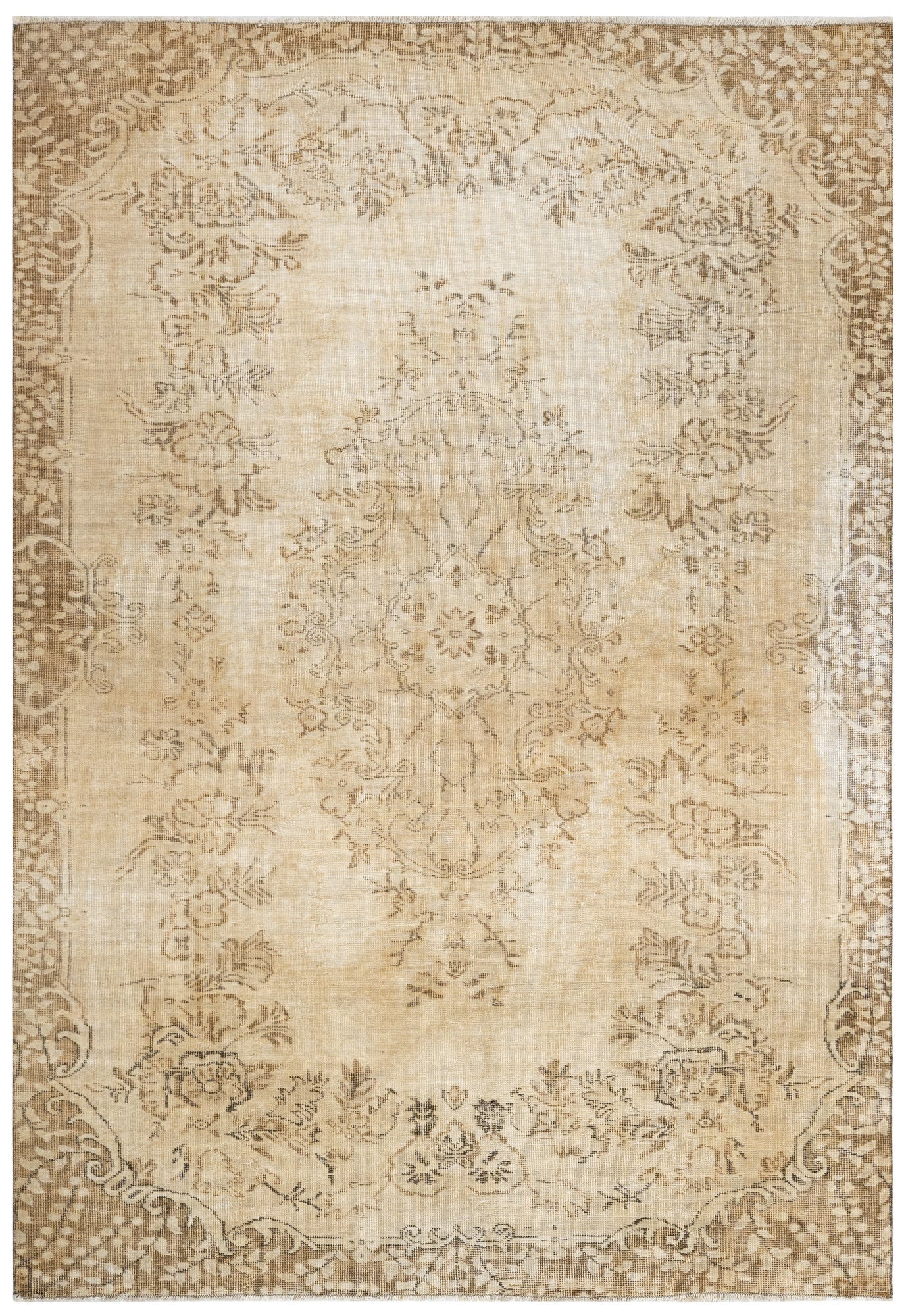 Handmade Wool Cotton Rug - Vintage Brown Medallion Carpet 3'7" x 5'11"