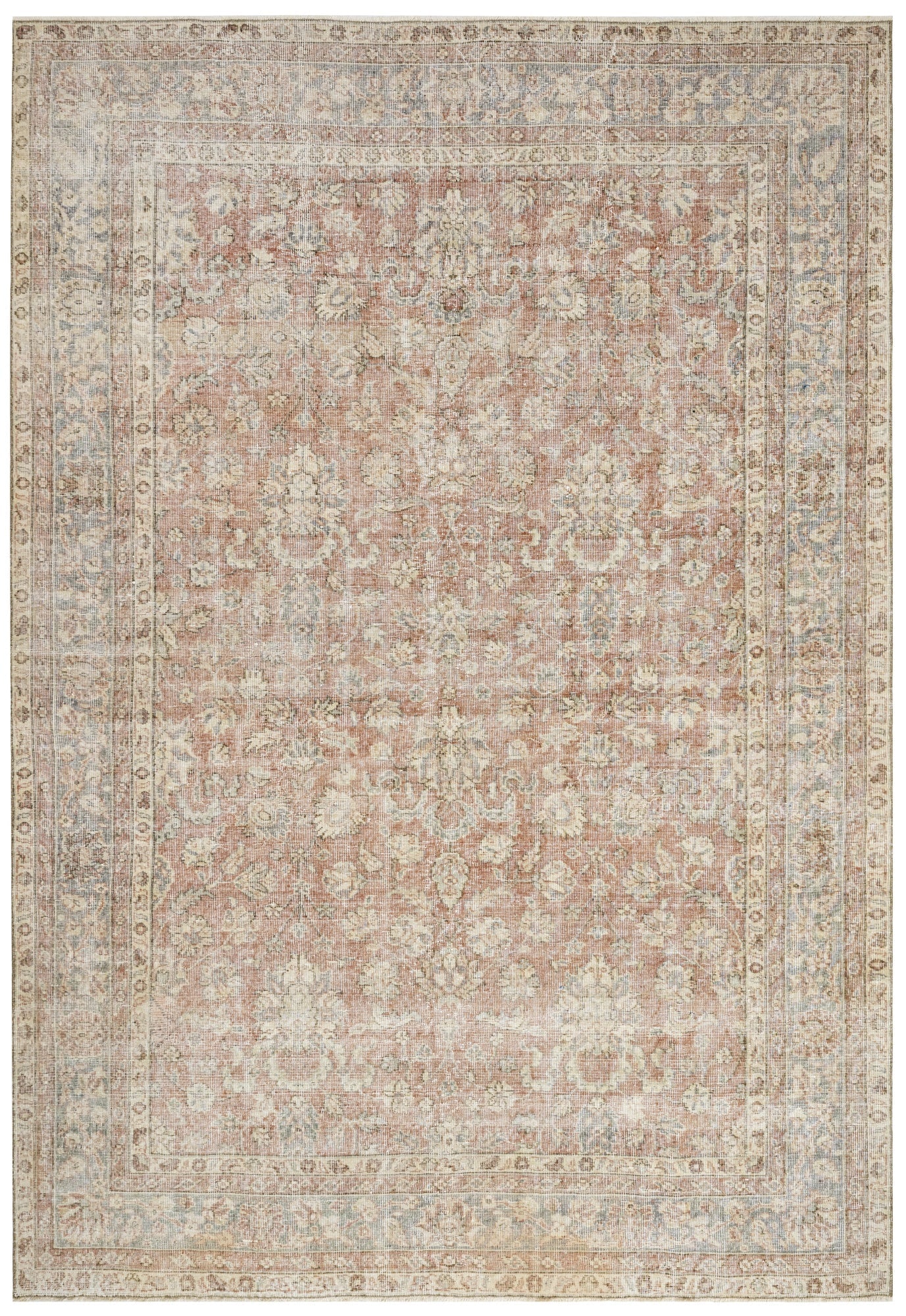 Handmade Wool Rug Vintage Beige Floral 5'1" x 7'10" Durable Cotton Carpet