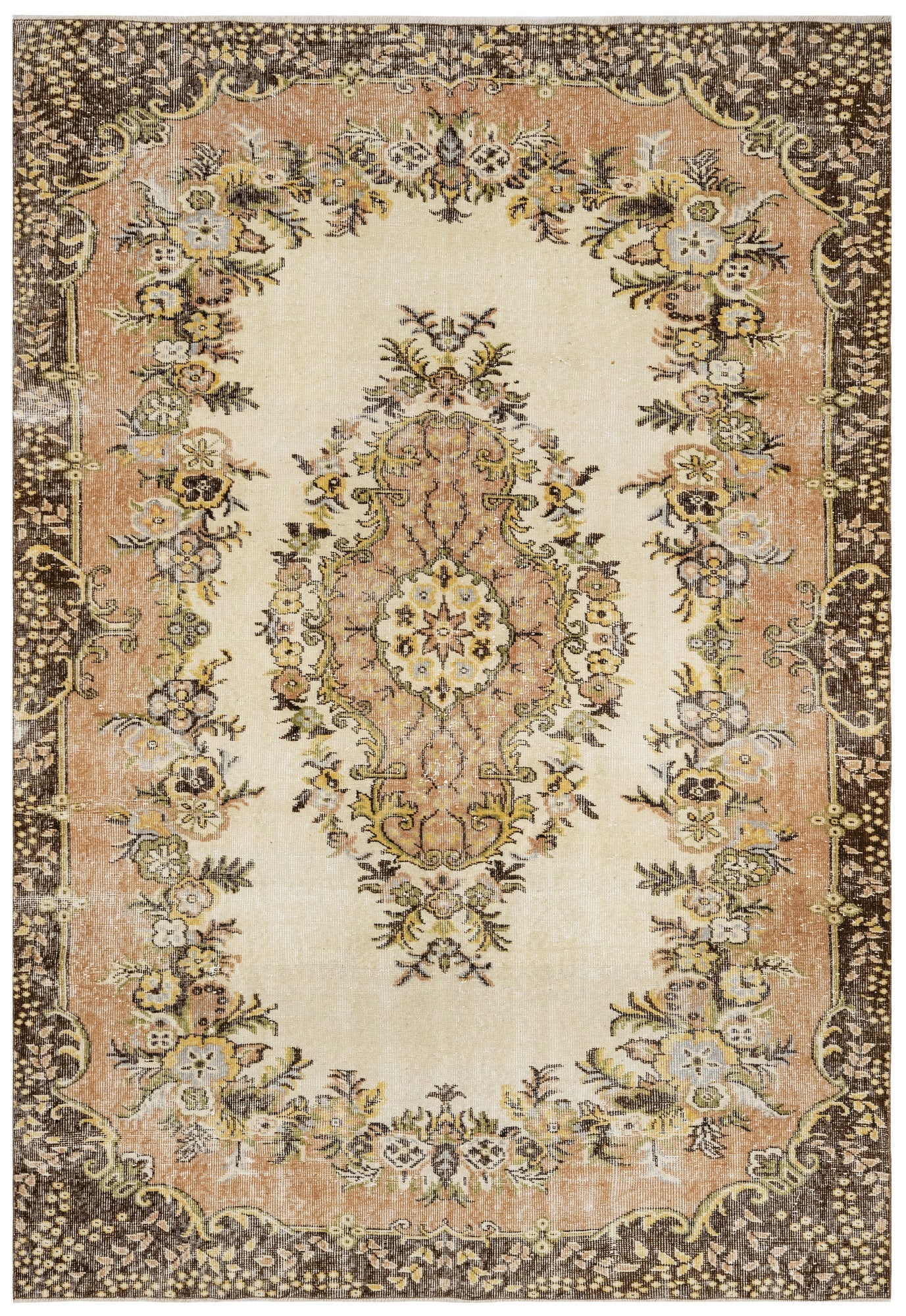 Handmade Wool Cotton Rug - Vintage Brown Medallion Carpet 5'2" x 8'11"