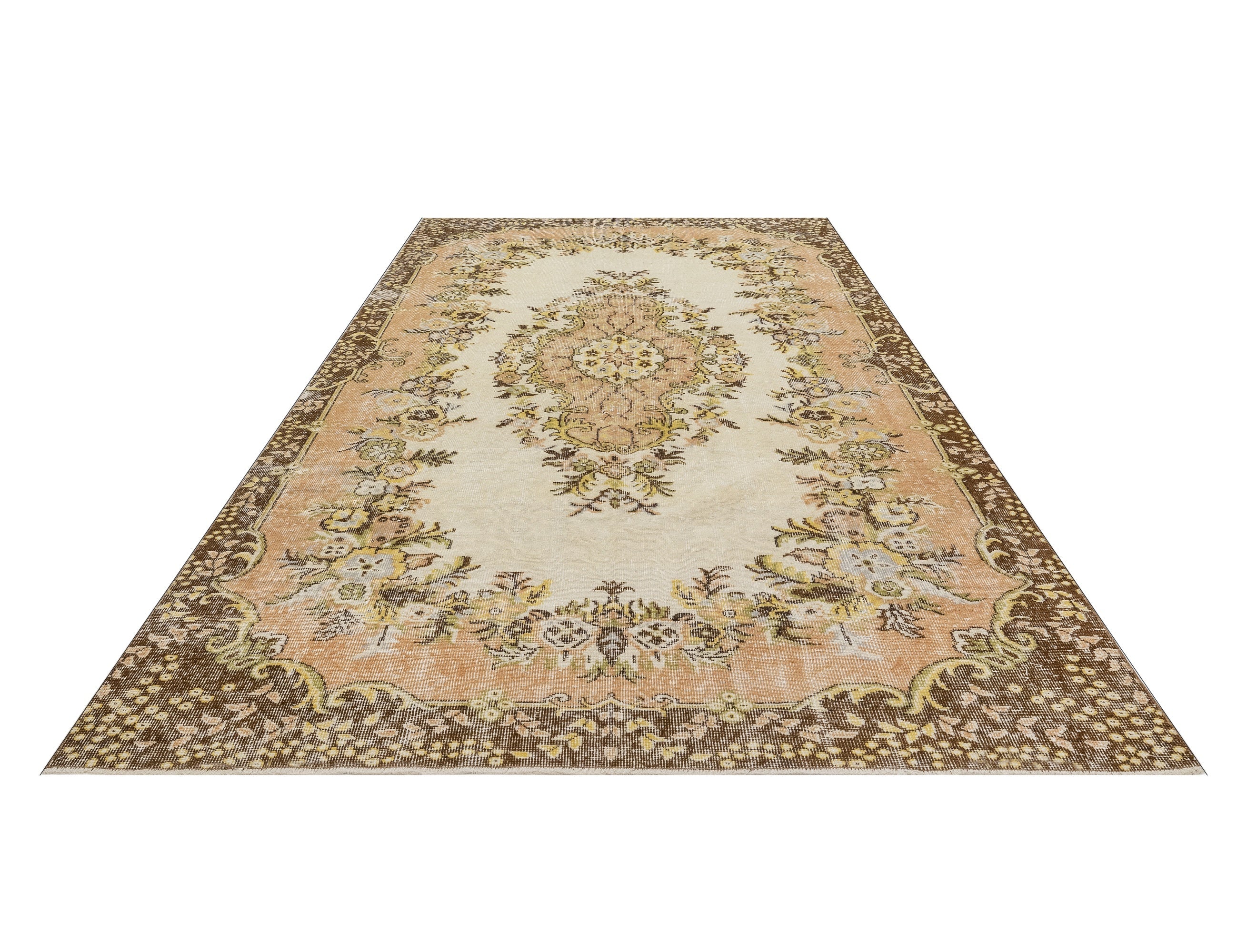 Handmade Wool Cotton Rug - Vintage Brown Medallion Carpet 5'2" x 8'11"