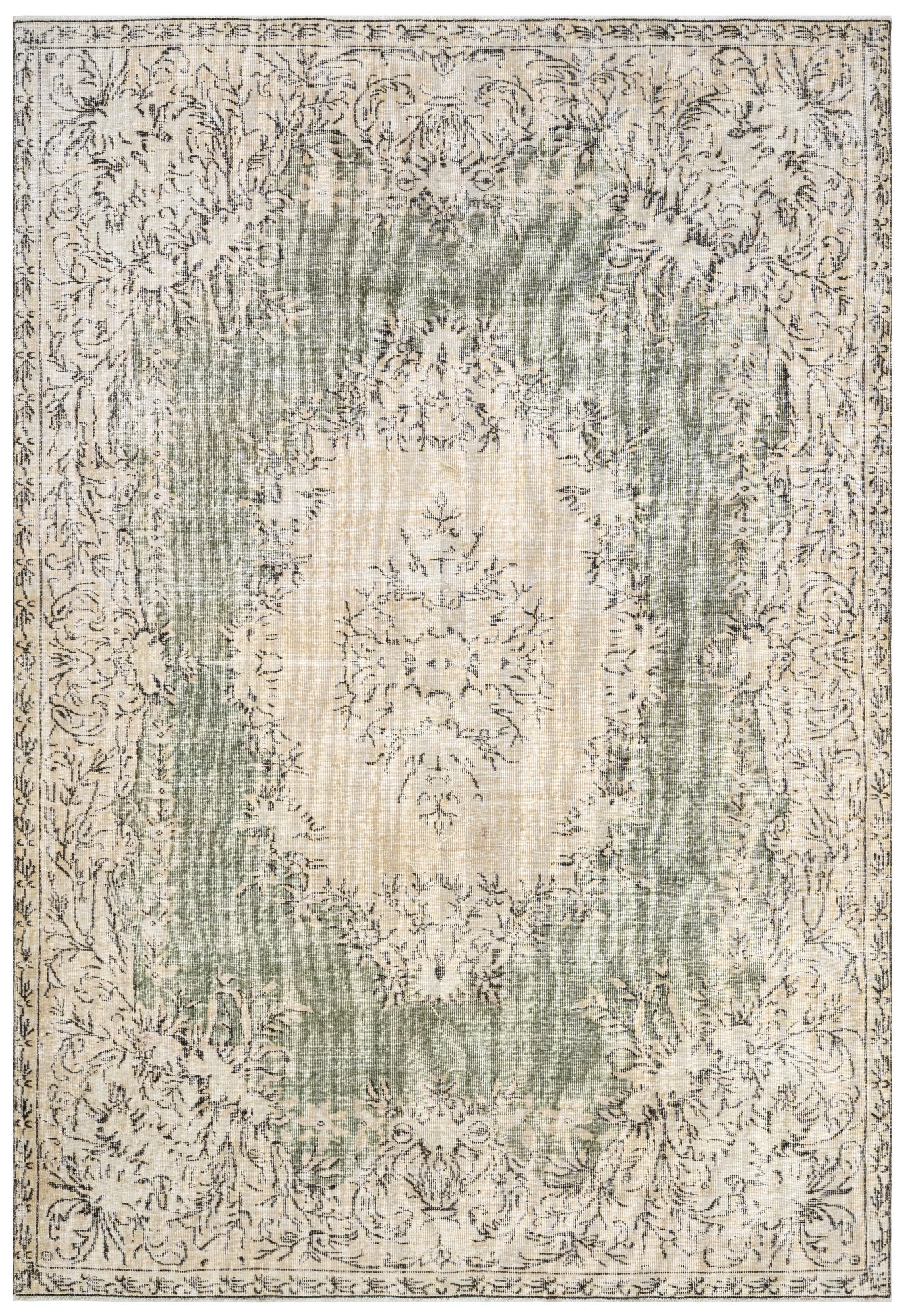 Handmade Wool Rug - Vintage Green Medallion 6'5" x 9'11" Cotton Blend Carpet
