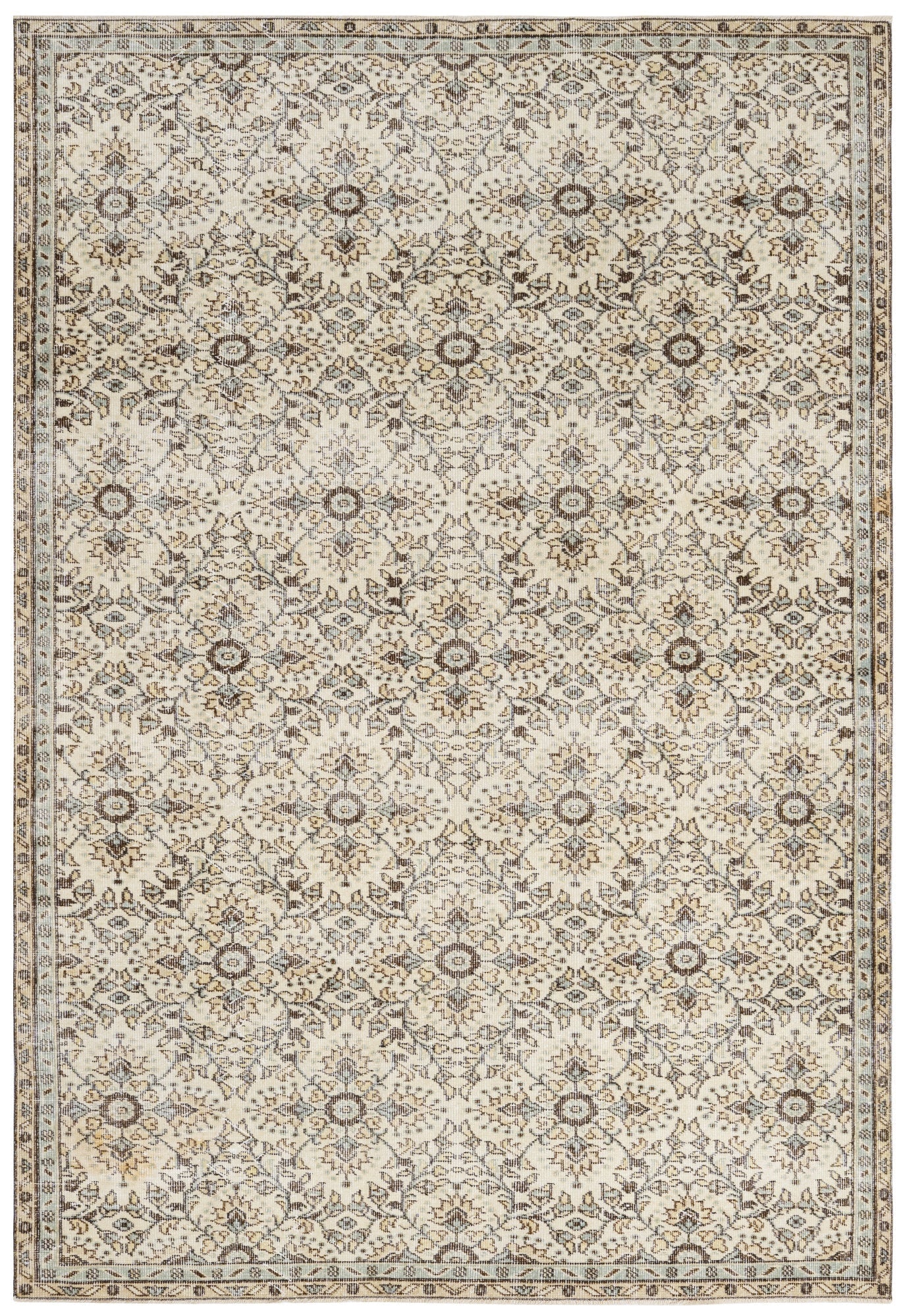 Handmade Wool Rug – Vintage Floral Pattern Carpet 6x9 Feet Cream Cotton Blend