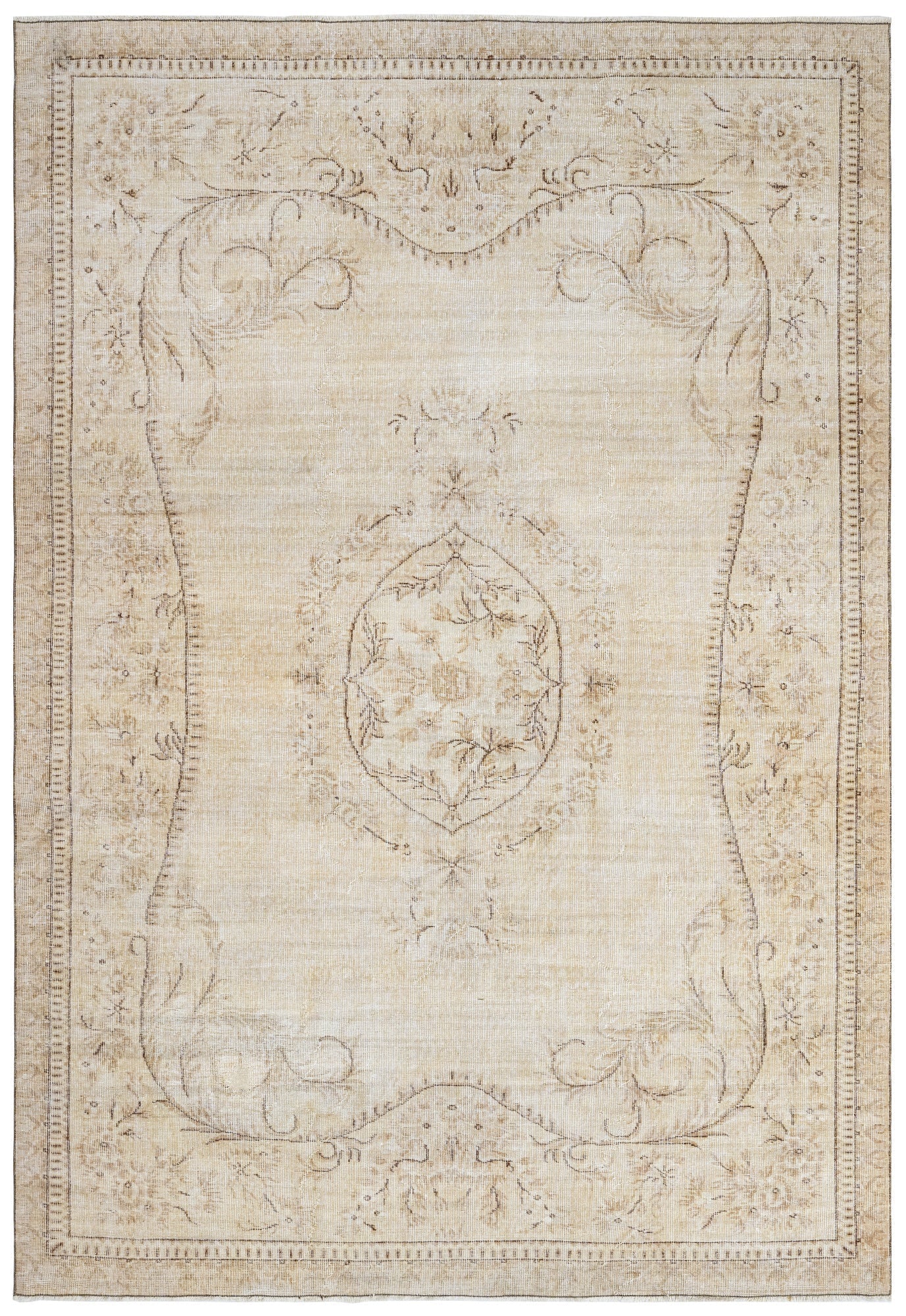 Handmade Wool Cotton Rug – Vintage Beige Medallion Patterned Carpet 4x9 Ft