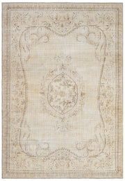 Handmade Wool Cotton Rug – Vintage Beige Medallion Patterned Carpet 4x9 Ft