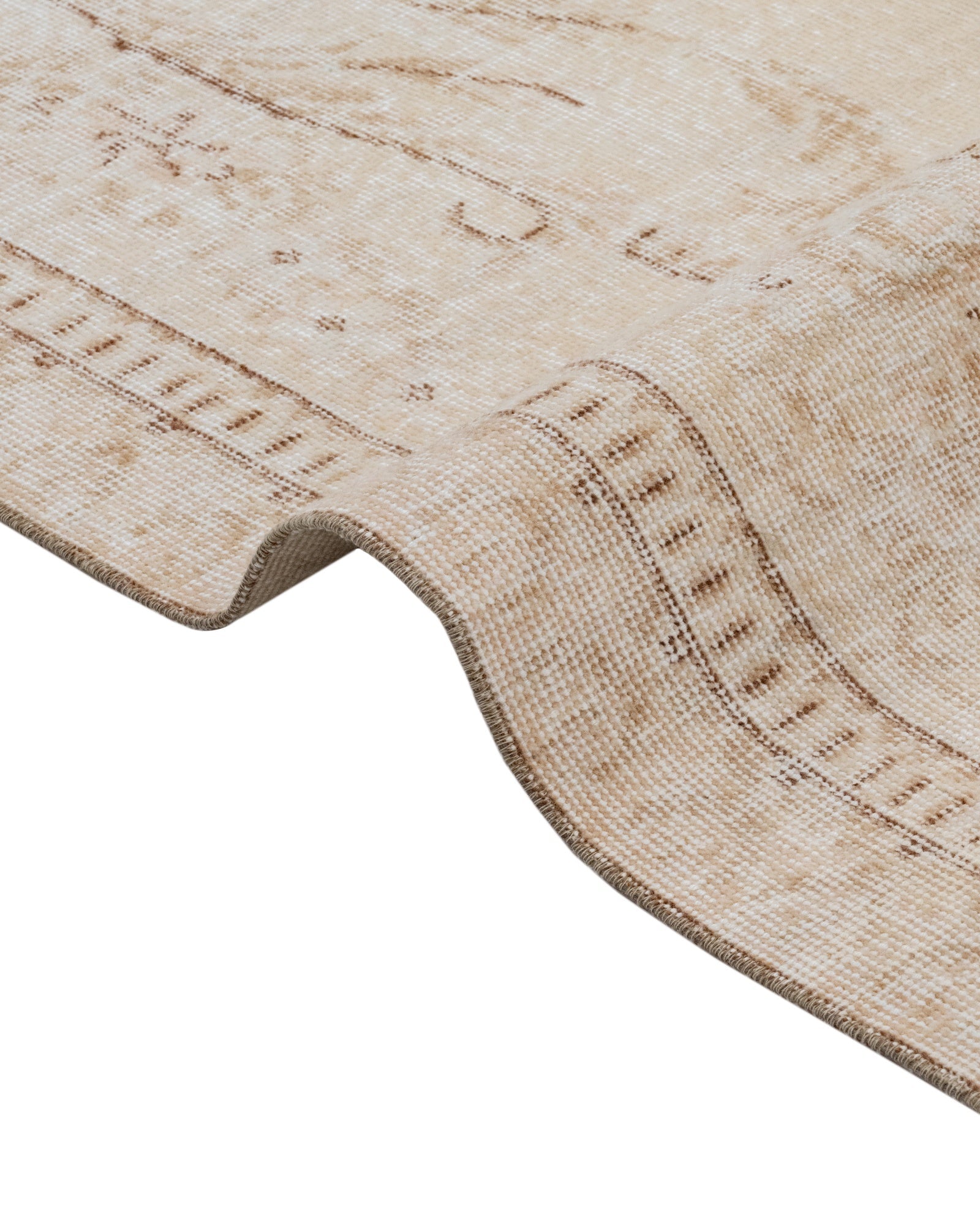 Handmade Wool Cotton Rug – Vintage Beige Medallion Patterned Carpet 4x9 Ft