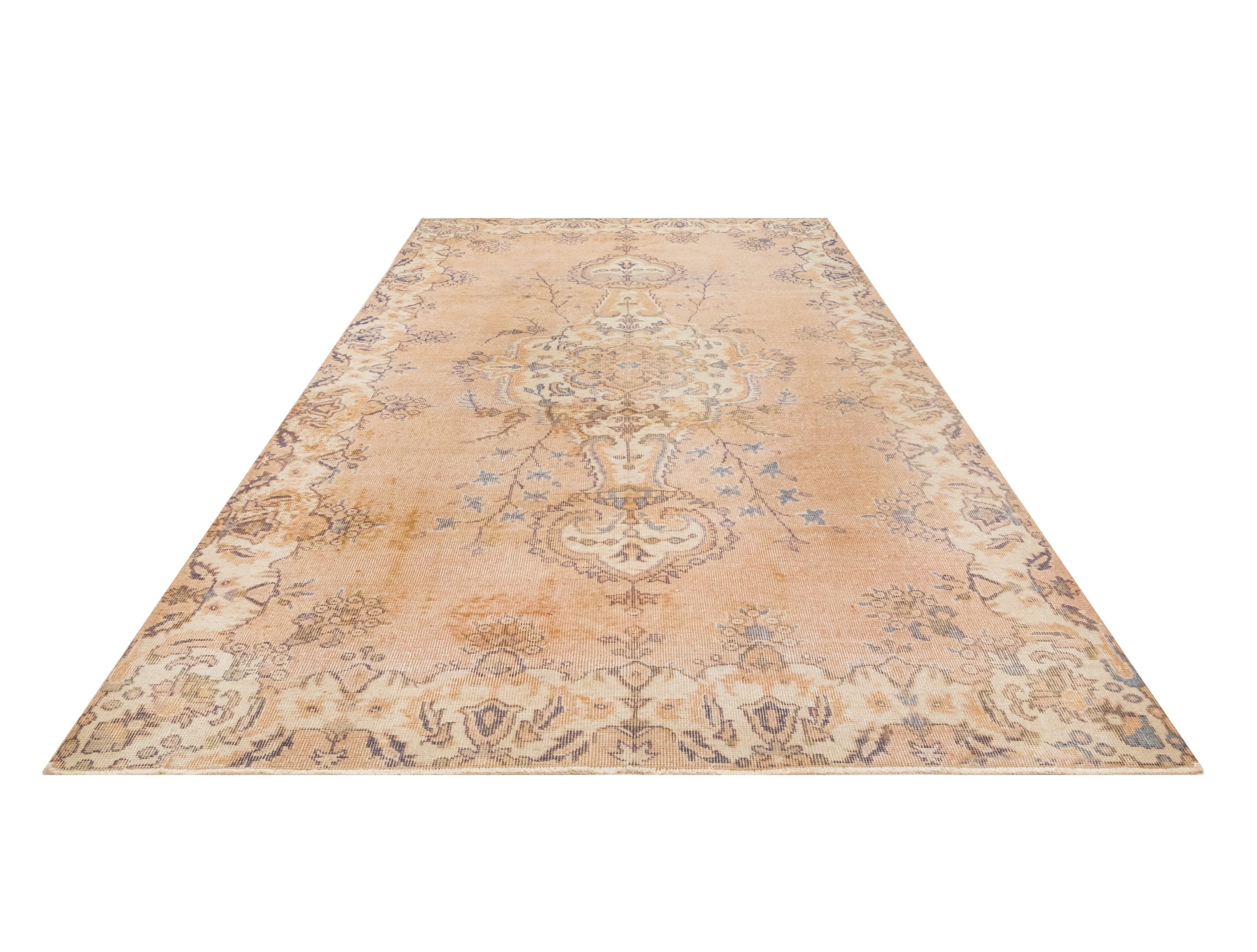 Handmade Wool Cotton Rug – Vintage Beige Medallion Carpet 4x12 Area Rug