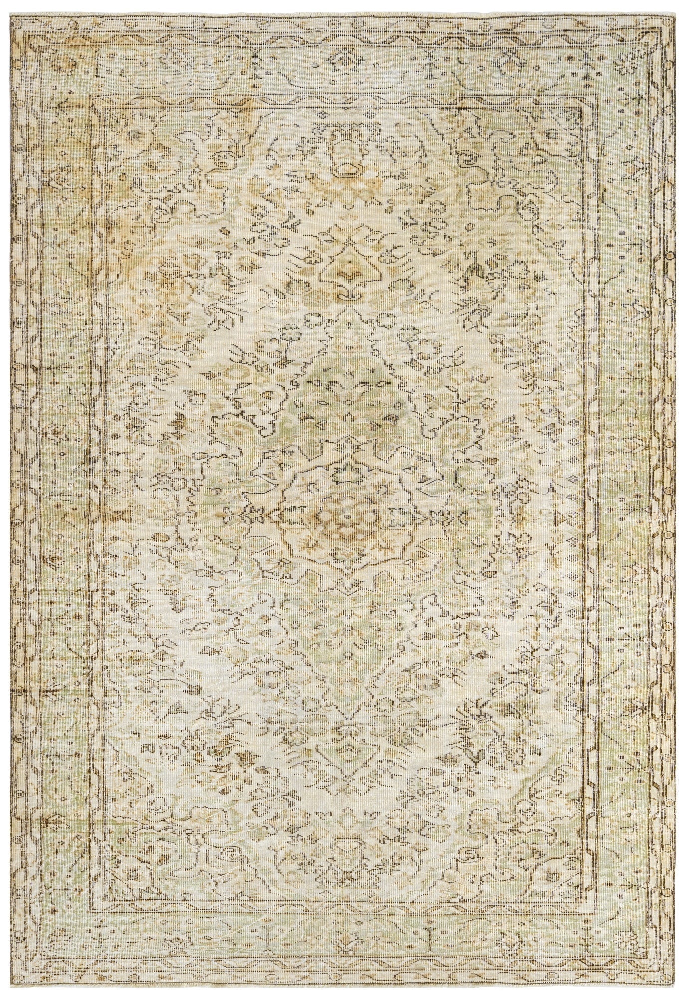 Handmade Wool Rug - Vintage Beige Medallion 9'1" x 5'7" Anatolian Cotton Blend