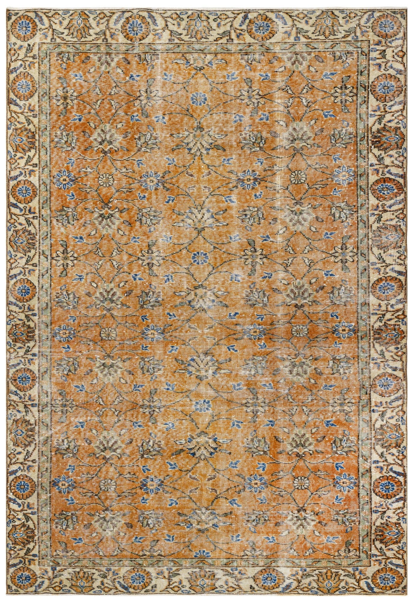 Handmade Wool Rug | Vintage Orange Frame Cotton Wool Blend Carpet 6'10" x 10'7"