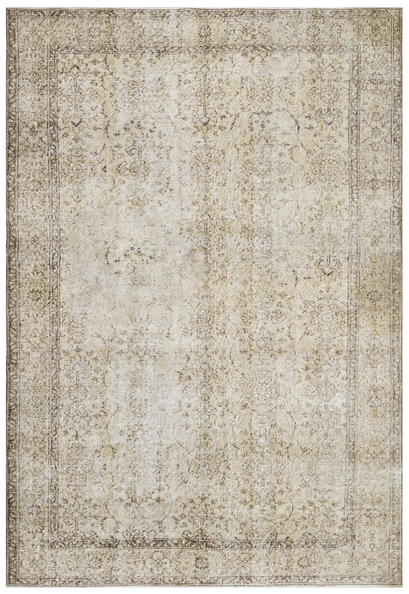 Handmade Wool Cotton Rug - Vintage Beige Frame Carpet 5'7" x 8'10" for Living Room