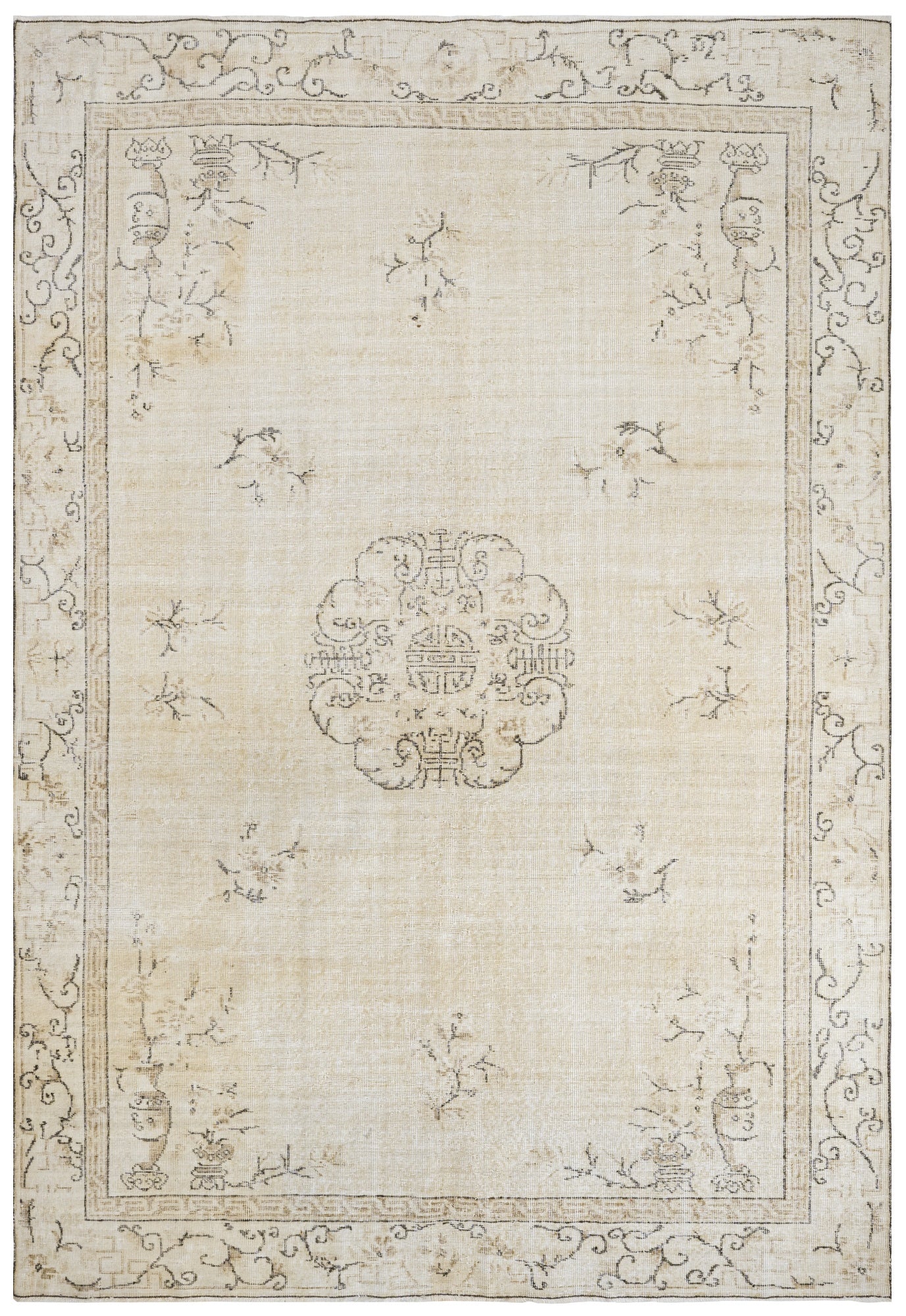 Handmade Wool Rug – Vintage Beige Medallion Area Carpet 6'9" x 9'9"