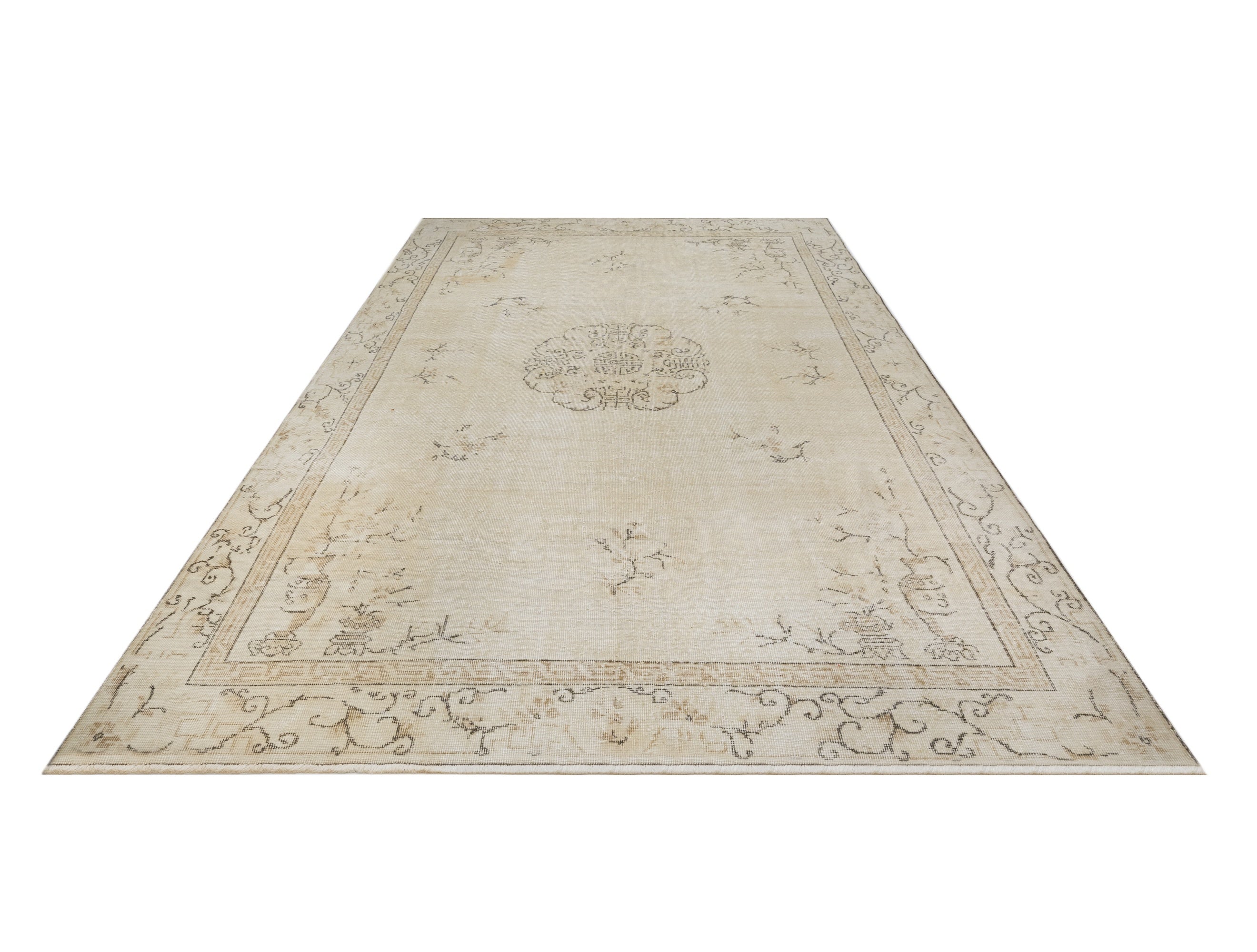 Handmade Wool Rug – Vintage Beige Medallion Area Carpet 6'9" x 9'9"