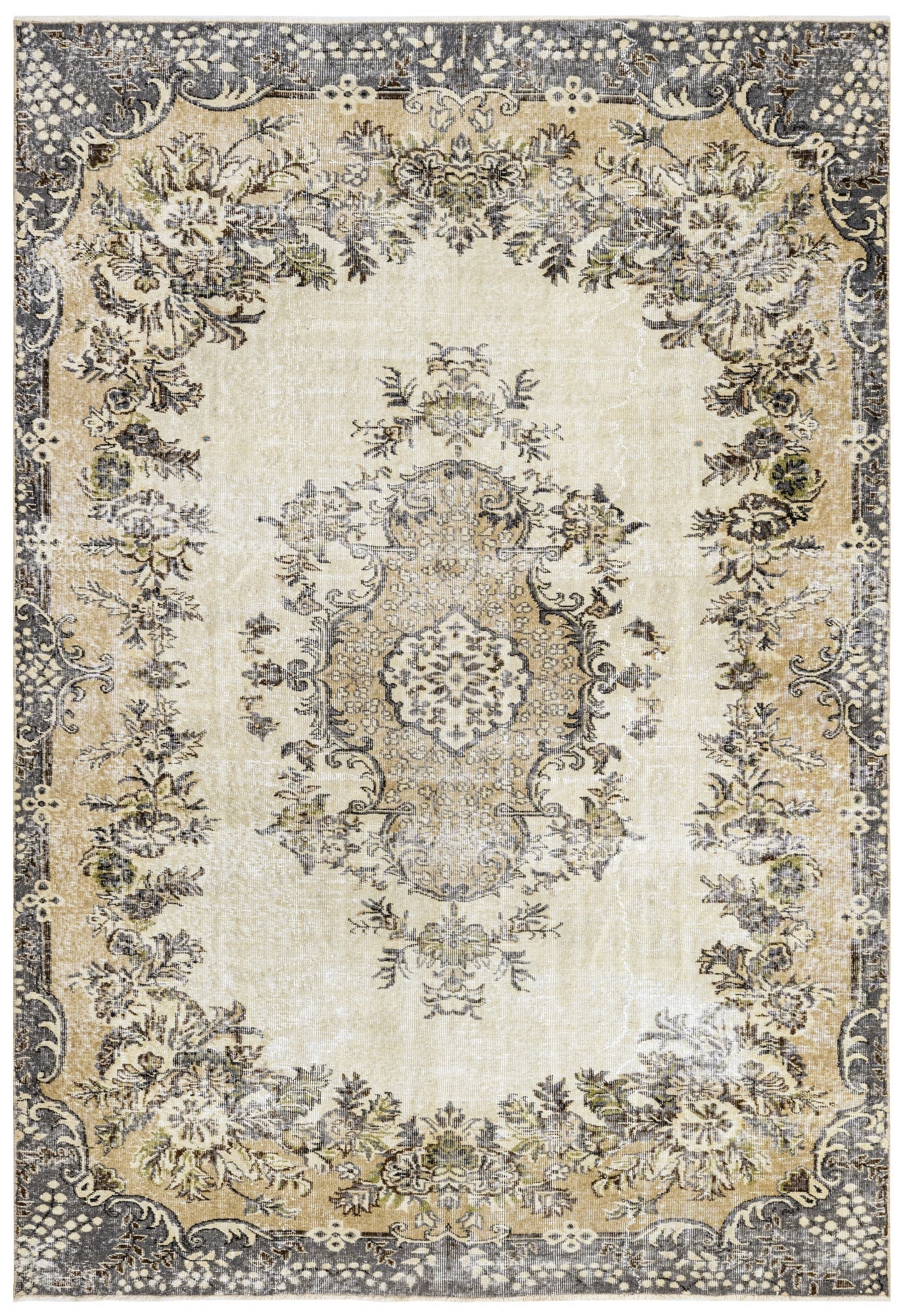 Handmade Wool Cotton Rug – Vintage Brown Medallion Carpet 7'1" x 10'4"