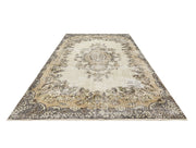 Handmade Wool Cotton Rug – Vintage Brown Medallion Carpet 7'1" x 10'4"