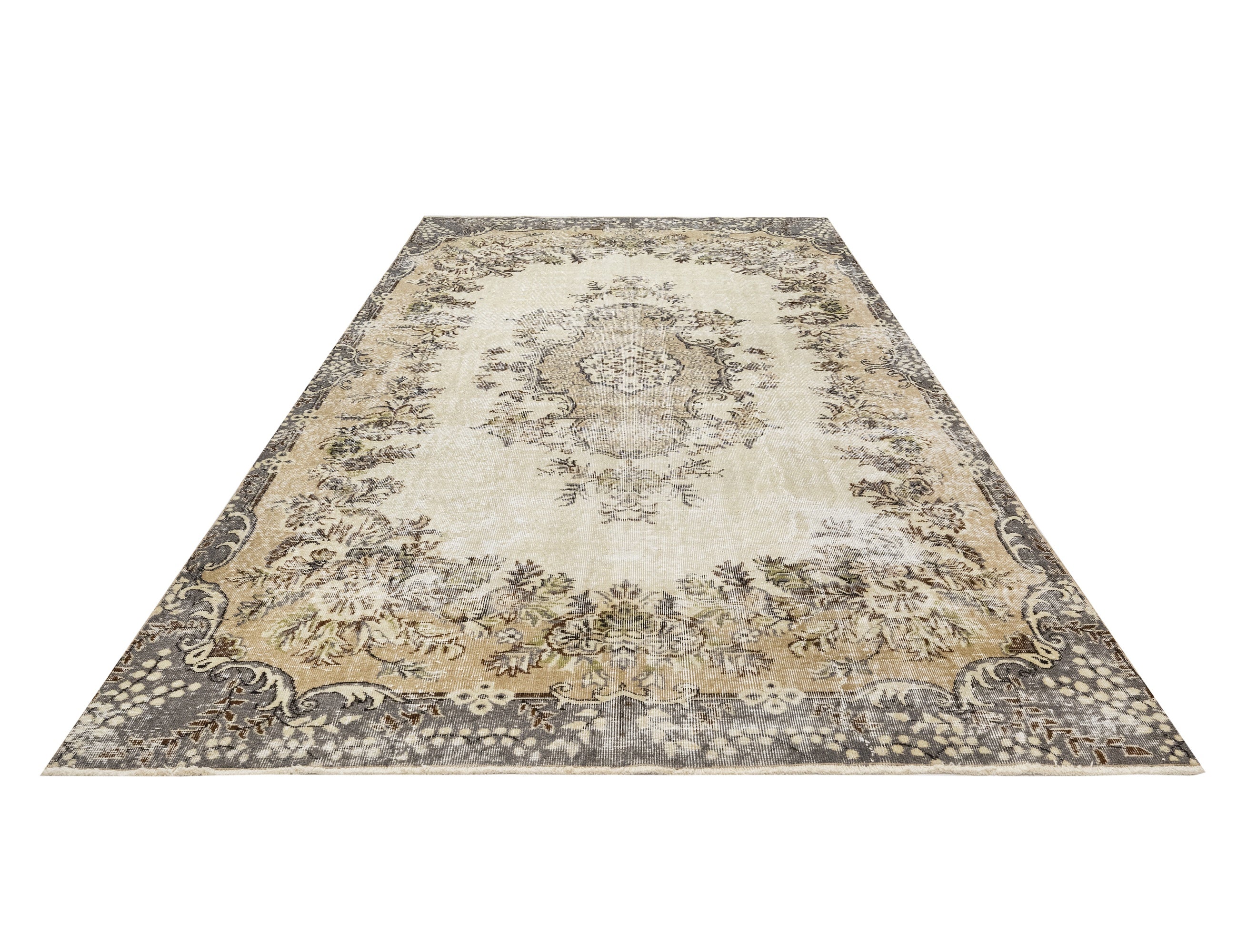 Handmade Wool Cotton Rug – Vintage Brown Medallion Carpet 7'1" x 10'4"