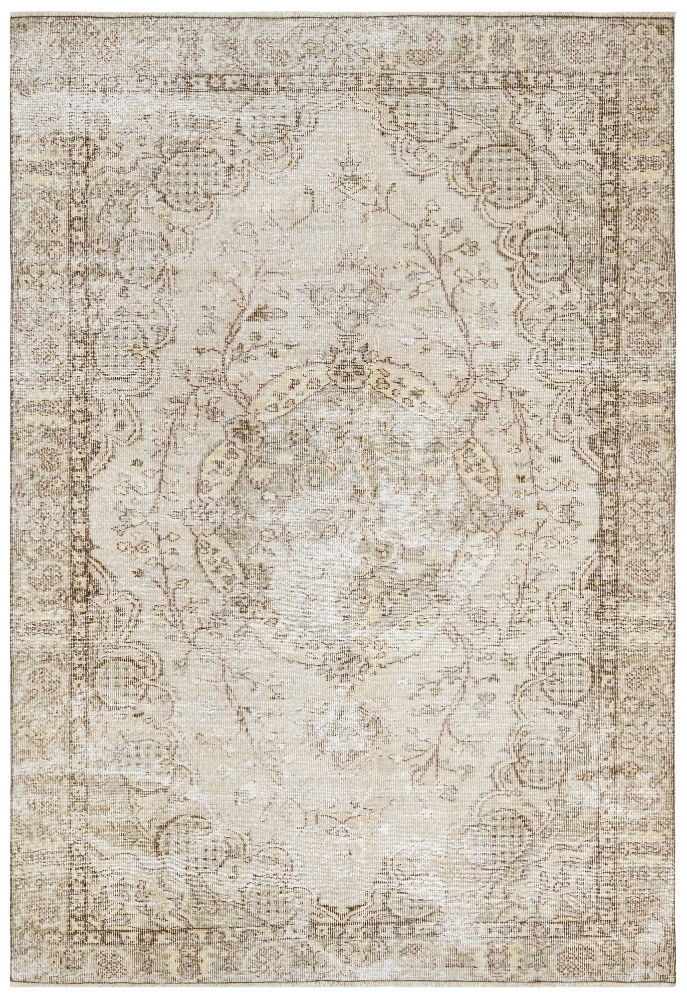 Handmade Wool Rug - Vintage Brown Medallion Carpet 6'10" x 10'2" for Living Room