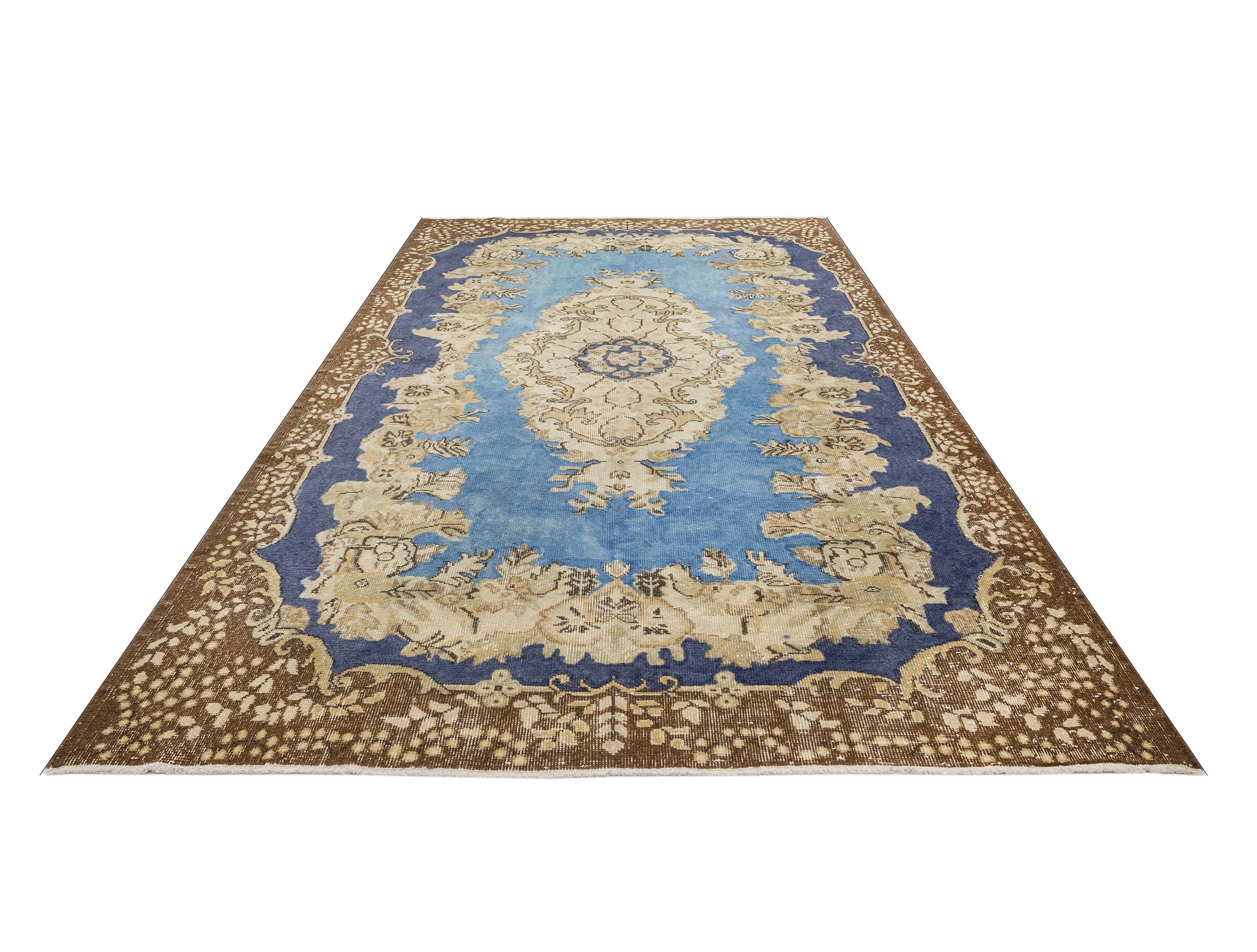 Handmade Wool Cotton Rug – Vintage Navy Medallion 5x9 Durable Area Carpet